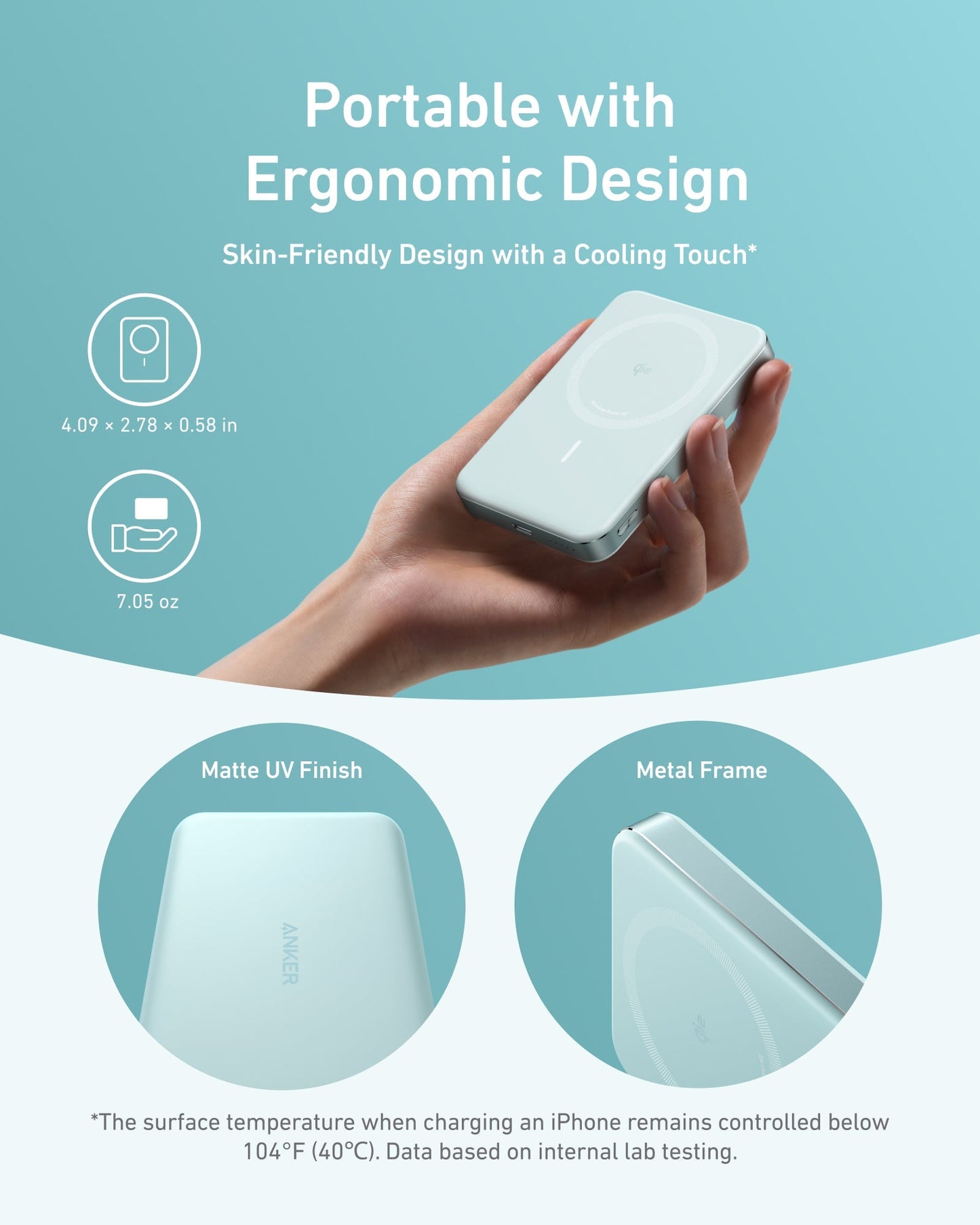 A hand holds the Anker MagGo Power Bank (10K, Slim) in white, showcasing 15W wireless charging, ergonomic design, matte UV finish, metal frame. Dimensions: 4.09 x 2.78 x 0.58 in; weight: 7.05 oz—compact and portable by Anker.