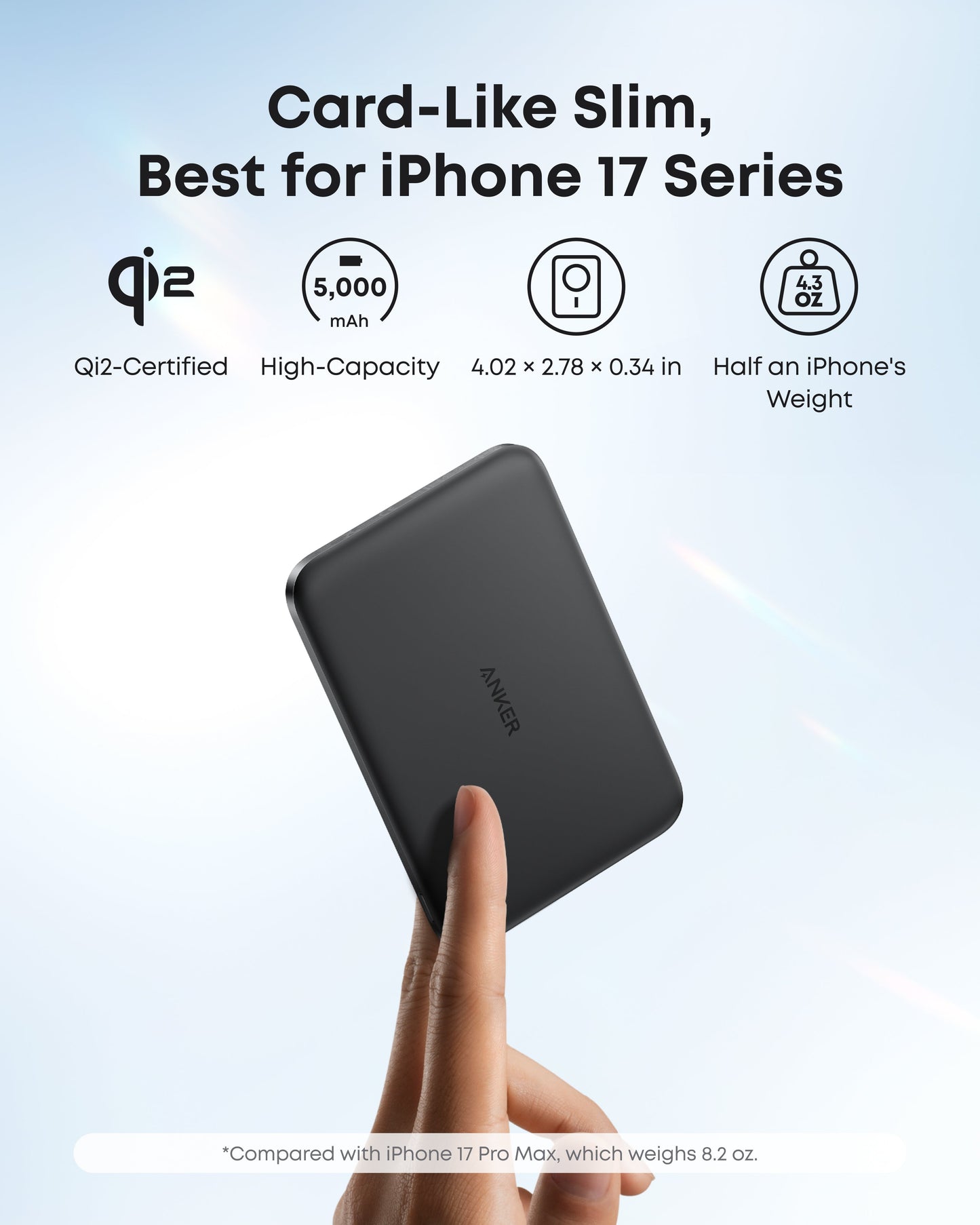 A hand holds the slim, black Anker Nano Power Bank (5K, MagGo, Slim) upright. Text highlights its Qi2 certification, 5,000mAh capacity, MagSafe compatibility, compact size, light weight, and iPhone 17 Series support. Soft blue gradient background.