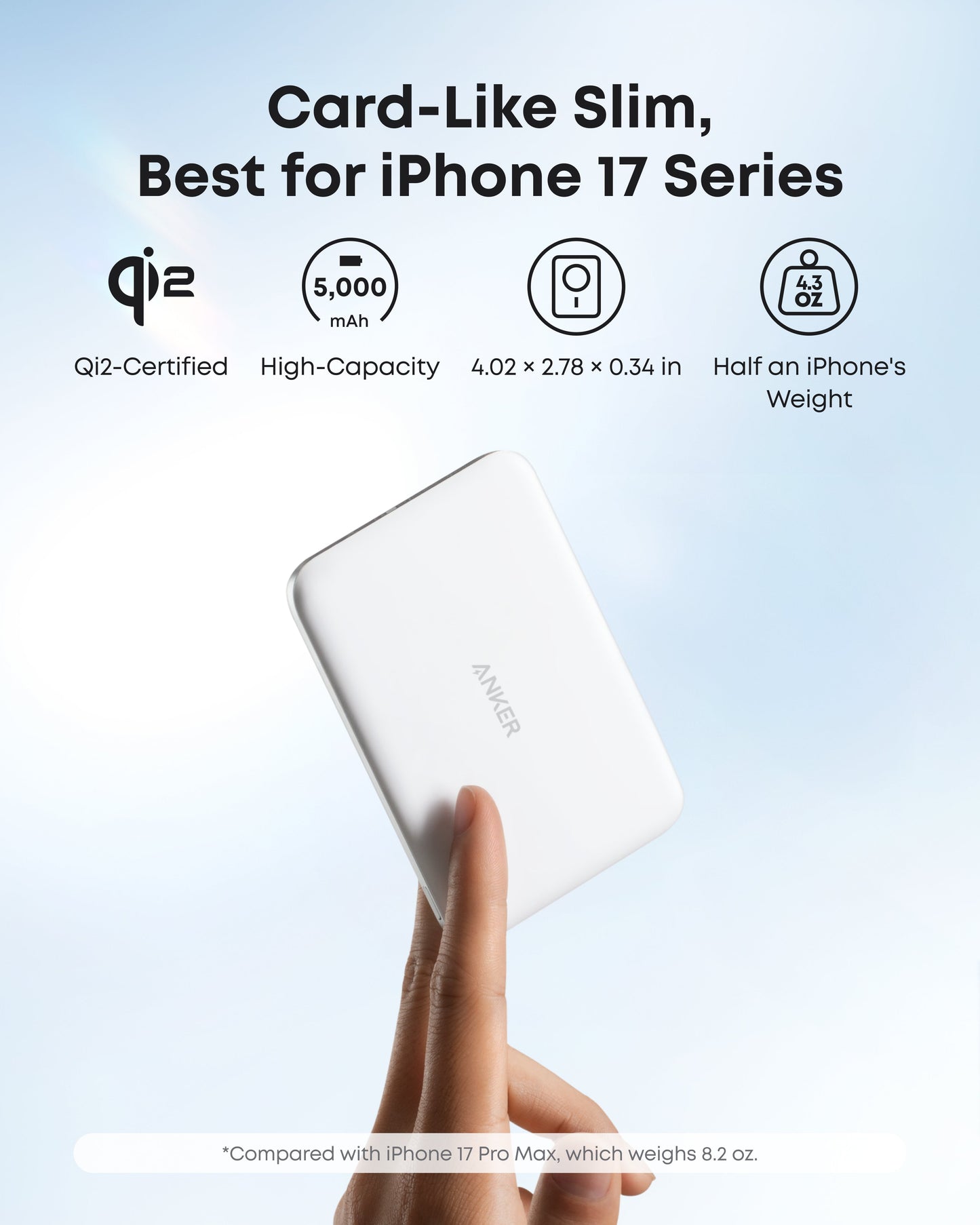 A hand holds the slim, white Anker Nano Power Bank (5K, MagGo, Slim) vertically against a light blue background. Text highlights: “Card-Like Slim, Best for iPhone 17 Series,” Qi2-certified, MagSafe-compatible, 5000mAh.