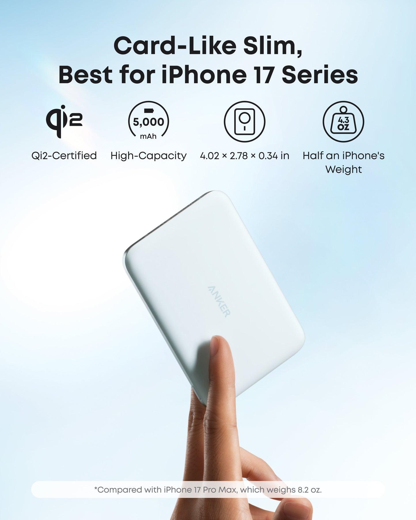 A hand holds the slim, white Anker Nano Power Bank (5K, MagGo, Slim) upright against a light blue background. Text highlights MagSafe compatibility, 5,000mAh capacity, and lightweight design—ideal for iPhone 17 series users.