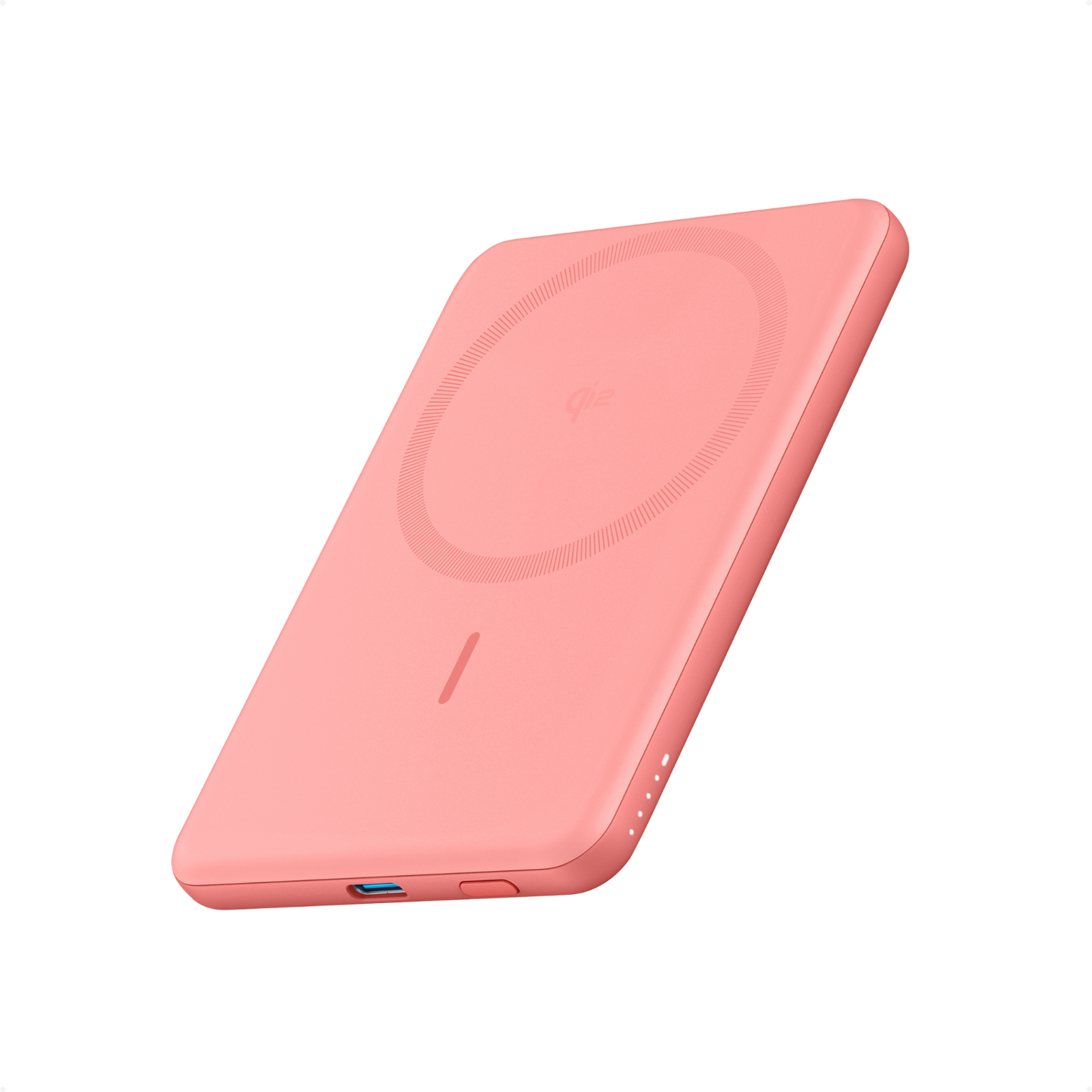 The Anker Nano Power Bank (5K, MagGo, Slim) by Anker is a slim, rectangular pink Qi2-compatible magnetic power bank with rounded edges, a circular pattern on top, LED indicator lights for battery status on the side, and a USB-C port below.