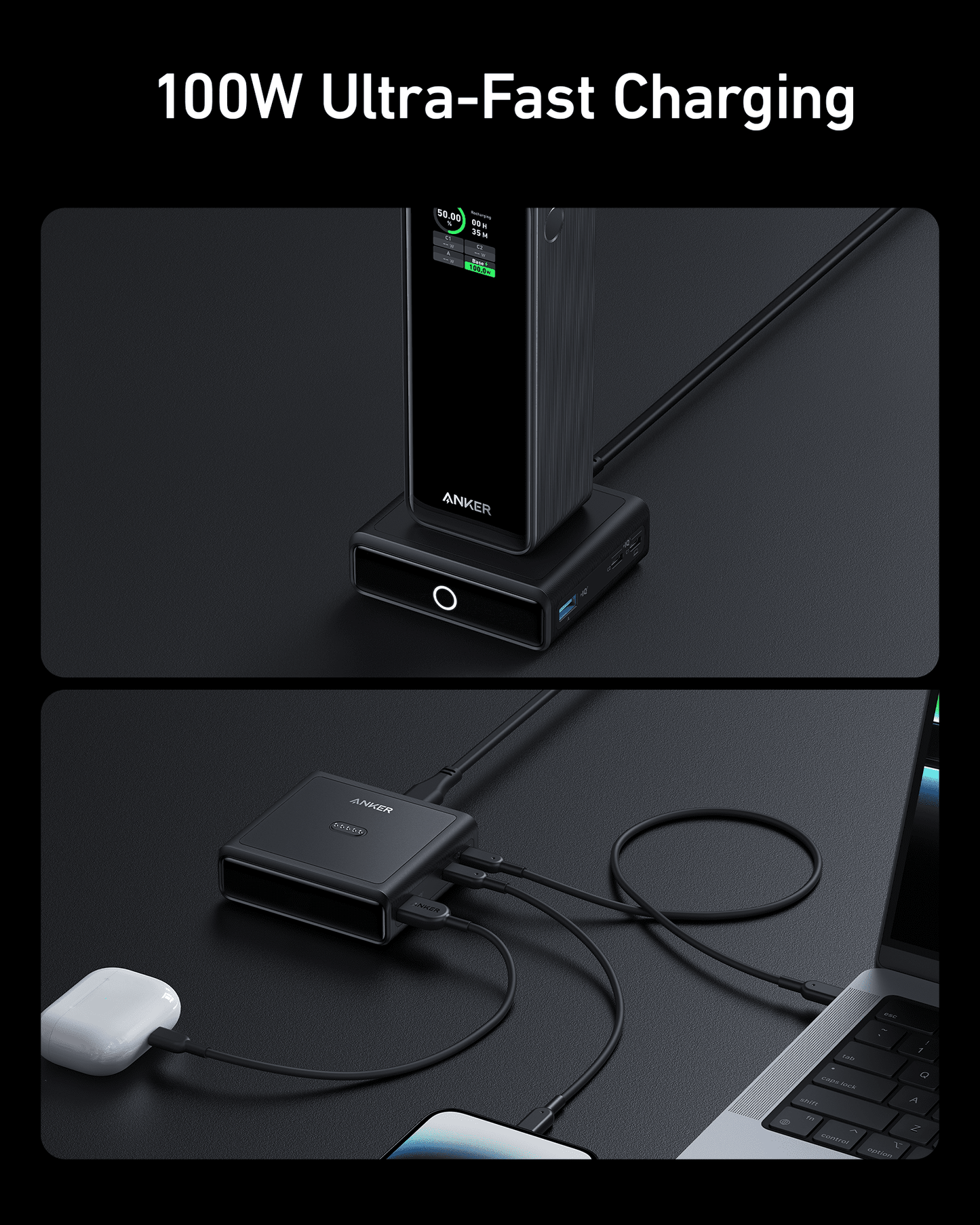 Two images show the Anker 100W Charging Base for Anker Prime Power Bank by Anker on a black desk, with multiple ports and display. A phone, AirPods, and laptop are connected. “100W Ultra-Fast Charging with GaN technology” is in white text above.