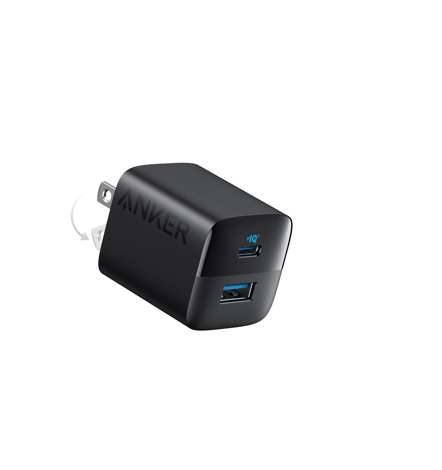 The Anker 323 Charger (33W) in black features foldable prongs and fast charging, with two front USB ports (one blue, one black). The Anker logo appears on the side, all set against a plain white background.