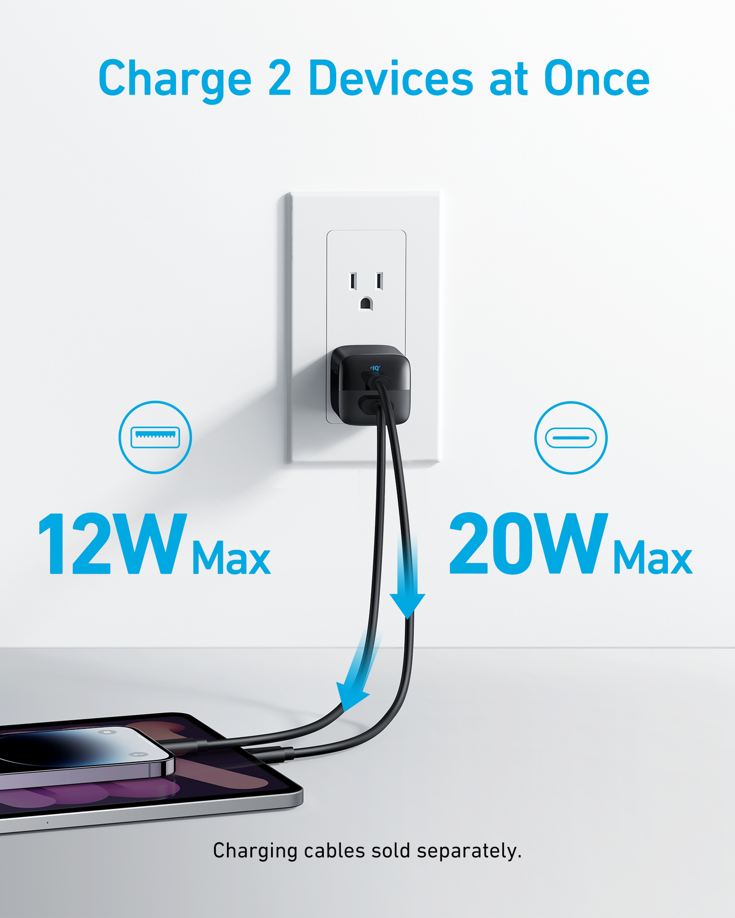A black Anker 323 Charger (33W) from Anker with two plugged cables sits in a white outlet, fast charging a phone and tablet—12W max via USB-A, 20W max via USB-C. "Charge 2 Devices at Once." Cables sold separately.