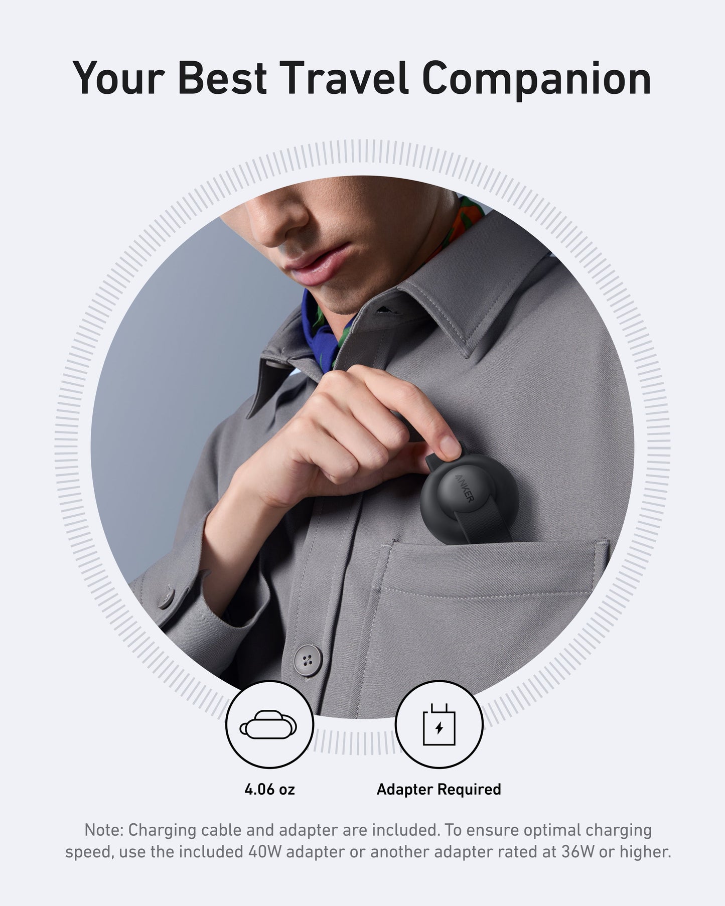 A person in a gray button-up shirt slips an Anker MagGo Wireless Charging Station (3-in-1, Foldable Pad) into their chest pocket. Text reads Your Best Travel Companion. Icons show it weighs 4.06 oz and supports 15W fast charging; charging note appears below.
