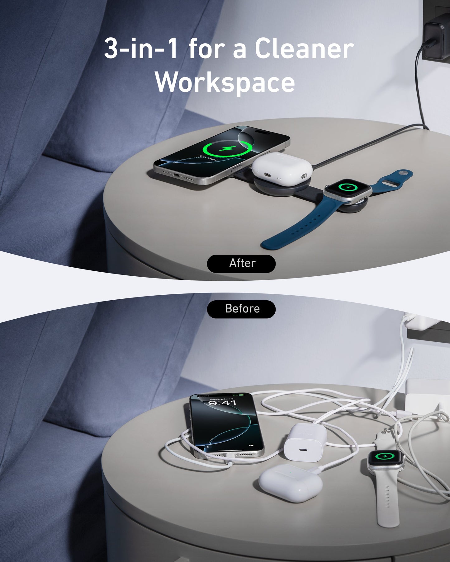 A side-by-side comparison of a nightstand: the After image shows the Anker MagGo Wireless Charging Station (3-in-1, Foldable Pad) by Anker neatly charging a phone, earbuds, and smartwatch; the Before shows tangled cables and scattered devices.