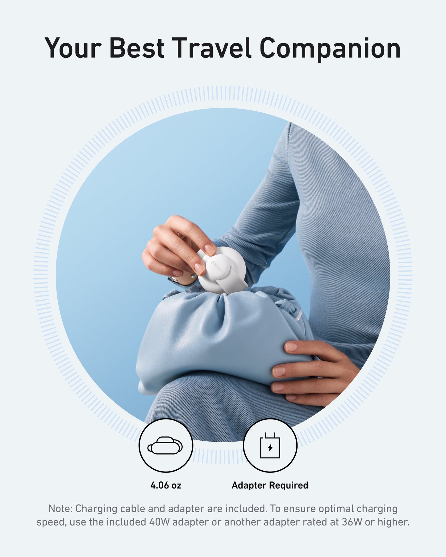 A person in a light blue dress places the Anker MagGo Wireless Charging Station (3-in-1, Foldable Pad) into a matching pouch on their lap. Text reads "Your Best Travel Companion," with icons for weight (4.06 oz) and Adapter Required (40W+).