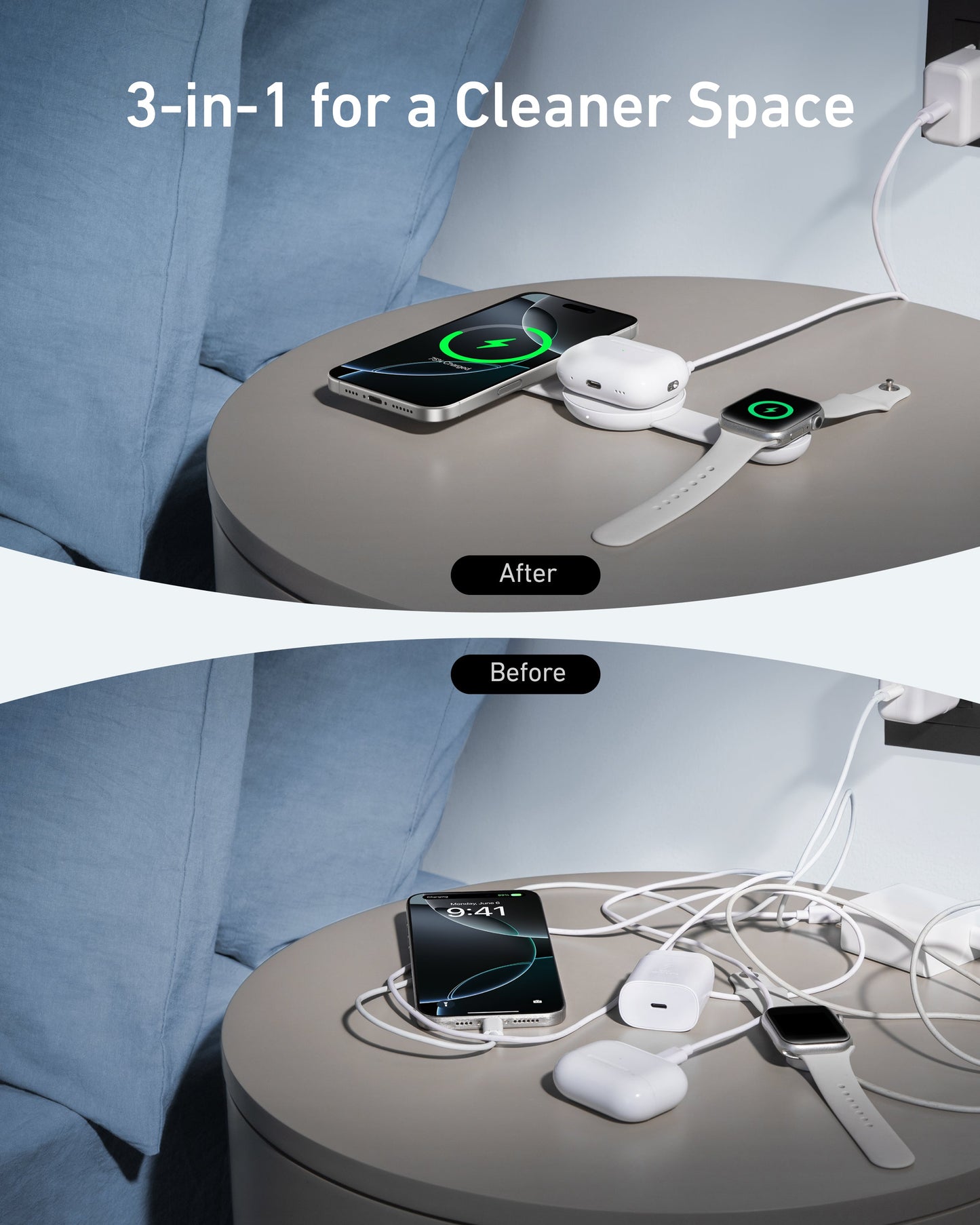 The image compares two nightstands: the top “After” shows three devices charging on the Anker MagGo Wireless Charging Station (3-in-1, Foldable Pad), while the bottom “Before” has tangled cables, highlighting a neater solution by Anker.