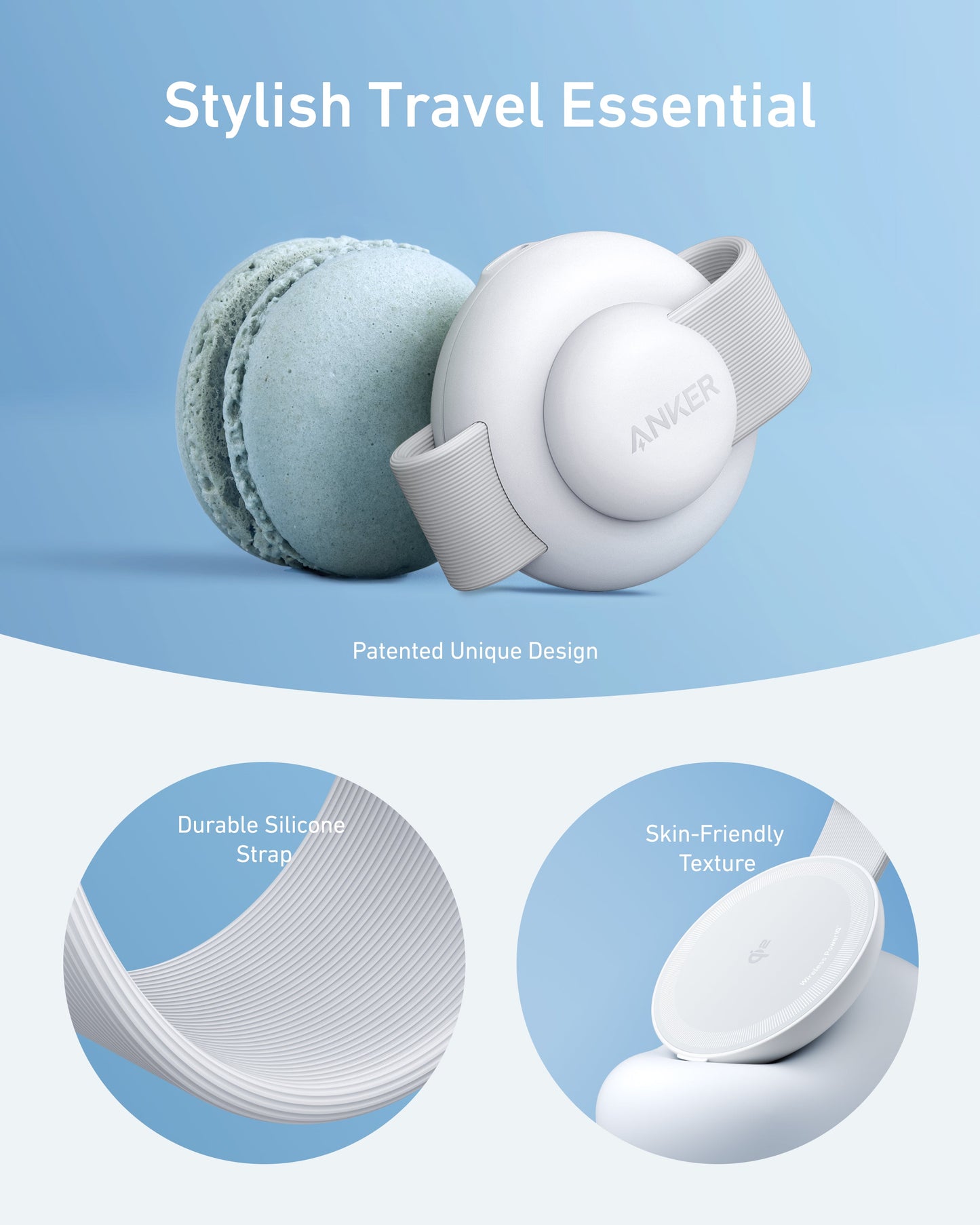 The Anker MagGo Wireless Charging Station (3-in-1, Foldable Pad) is shown in white beside a blue macaron. Circular insets highlight its durable silicone strap and skin-friendly texture. Text: “Stylish Travel Essential.”.
