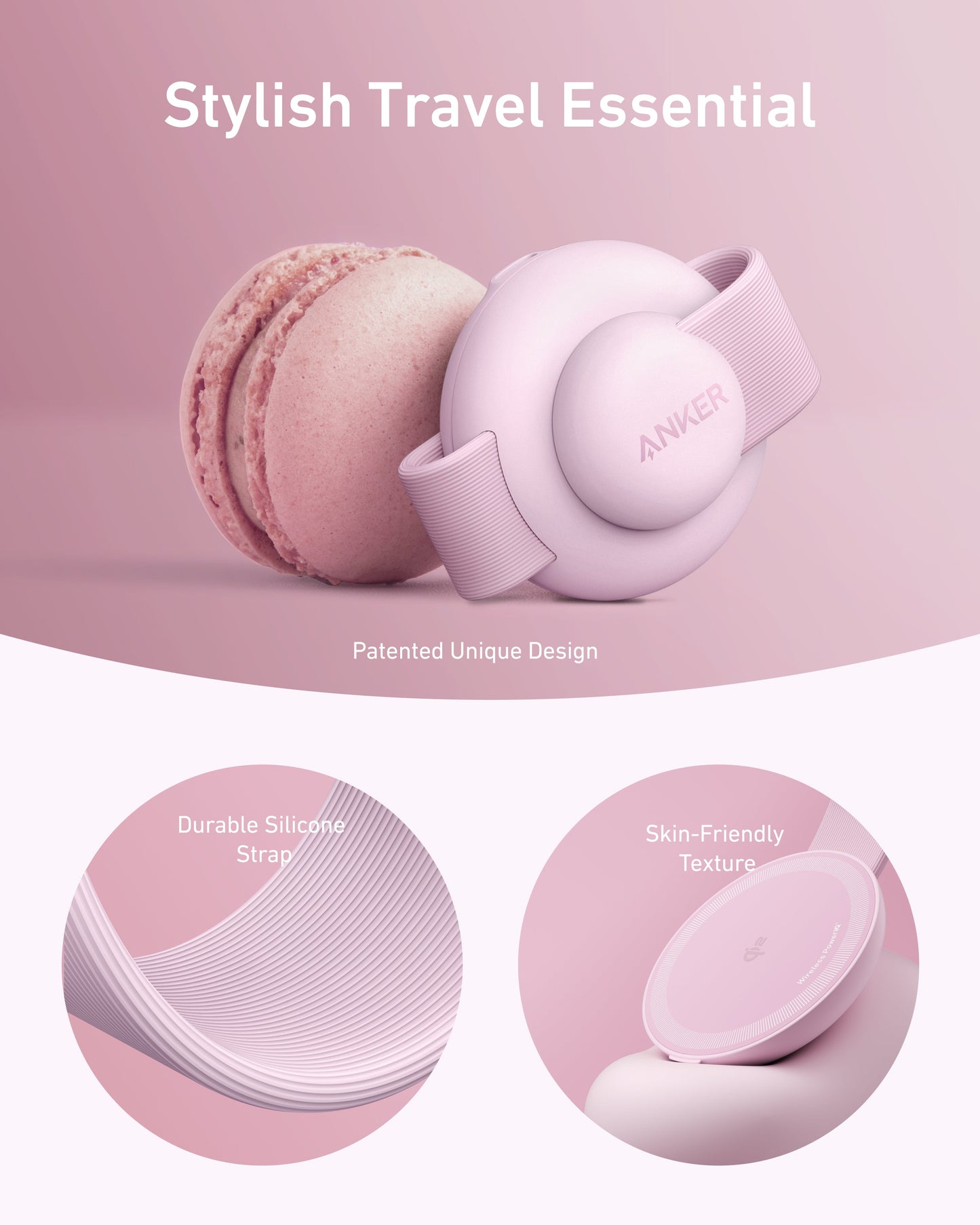 The Anker MagGo Wireless Charging Station (3-in-1, Foldable Pad) by Anker features a pastel pink, MagSafe-compatible design beside a pink macaron. Detail shots highlight its textured silicone strap, smooth surface, and stylish patented comfort.