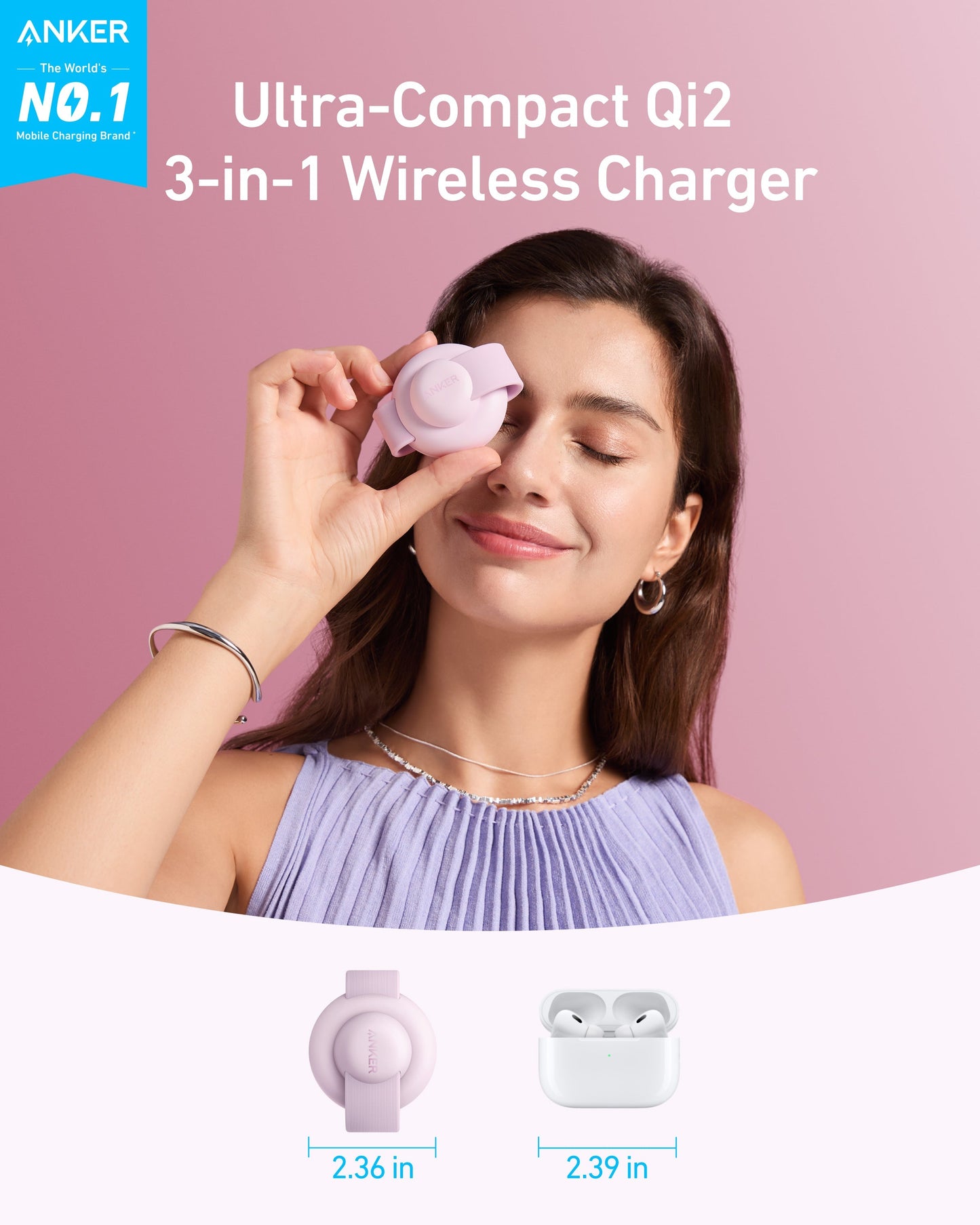 A smiling woman in a lavender top holds a pink Anker MagGo Wireless Charging Station (3-in-1, Foldable Pad) to her eye. Above her, "Ultra-Compact Qi2 3-in-1 Wireless Charger" appears. Below are charger and earbuds with size dimensions on a pink background.