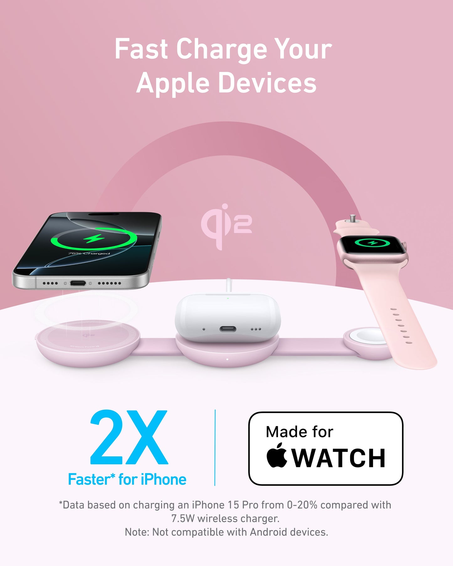 The Anker MagGo Wireless Charging Station (3-in-1, Foldable Pad) by Anker powers your iPhone, Apple Watch, and AirPods with 15W fast charging, delivers 2X Faster* for iPhone, and is Made for WATCH. See below for compatibility and speed details.