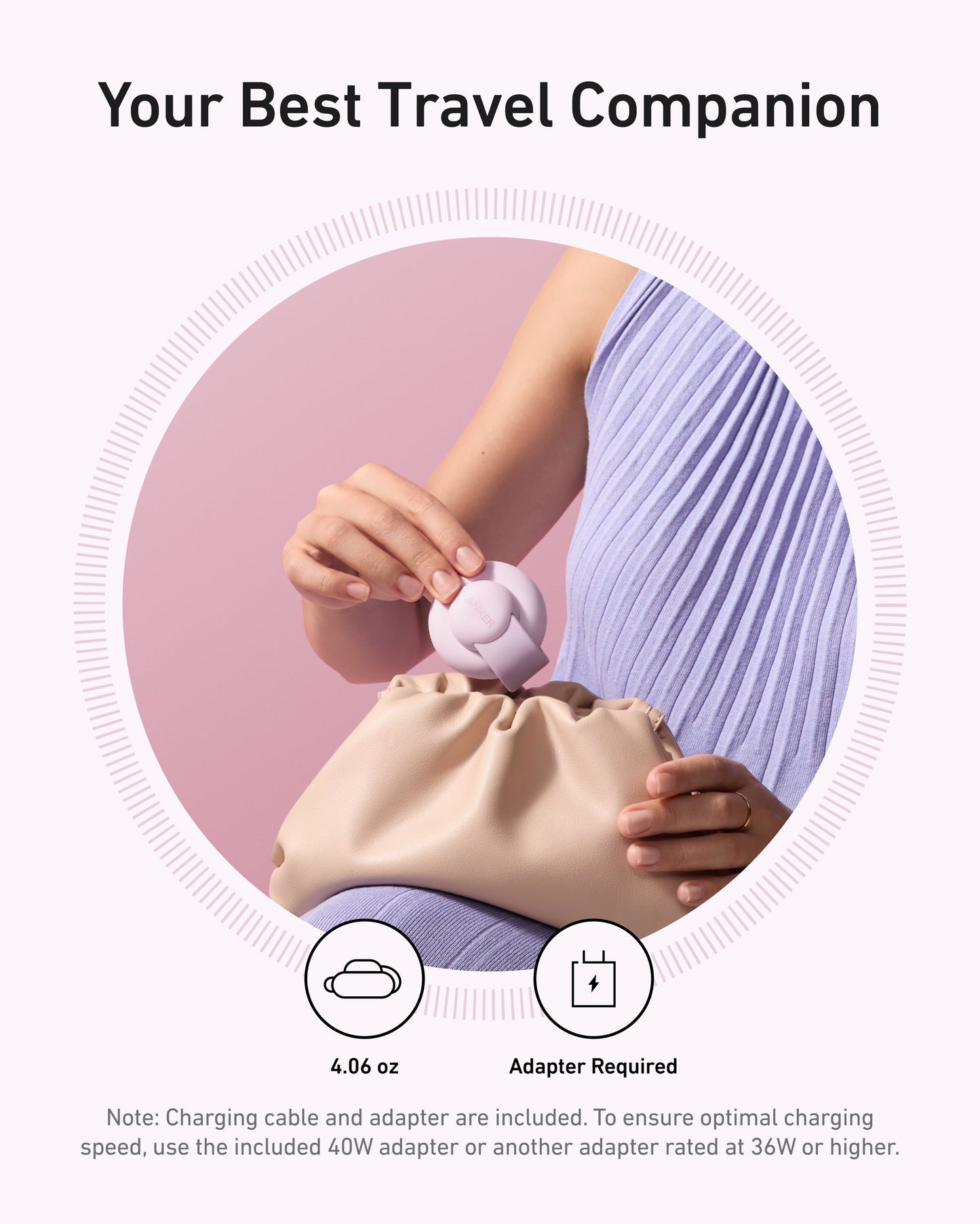 A woman in a light blue sleeveless dress puts the Anker MagGo Wireless Charging Station (3-in-1, Foldable Pad) into a beige pouch. Travel-friendly text and icons show its 4.06 oz weight and adapter compatibility.