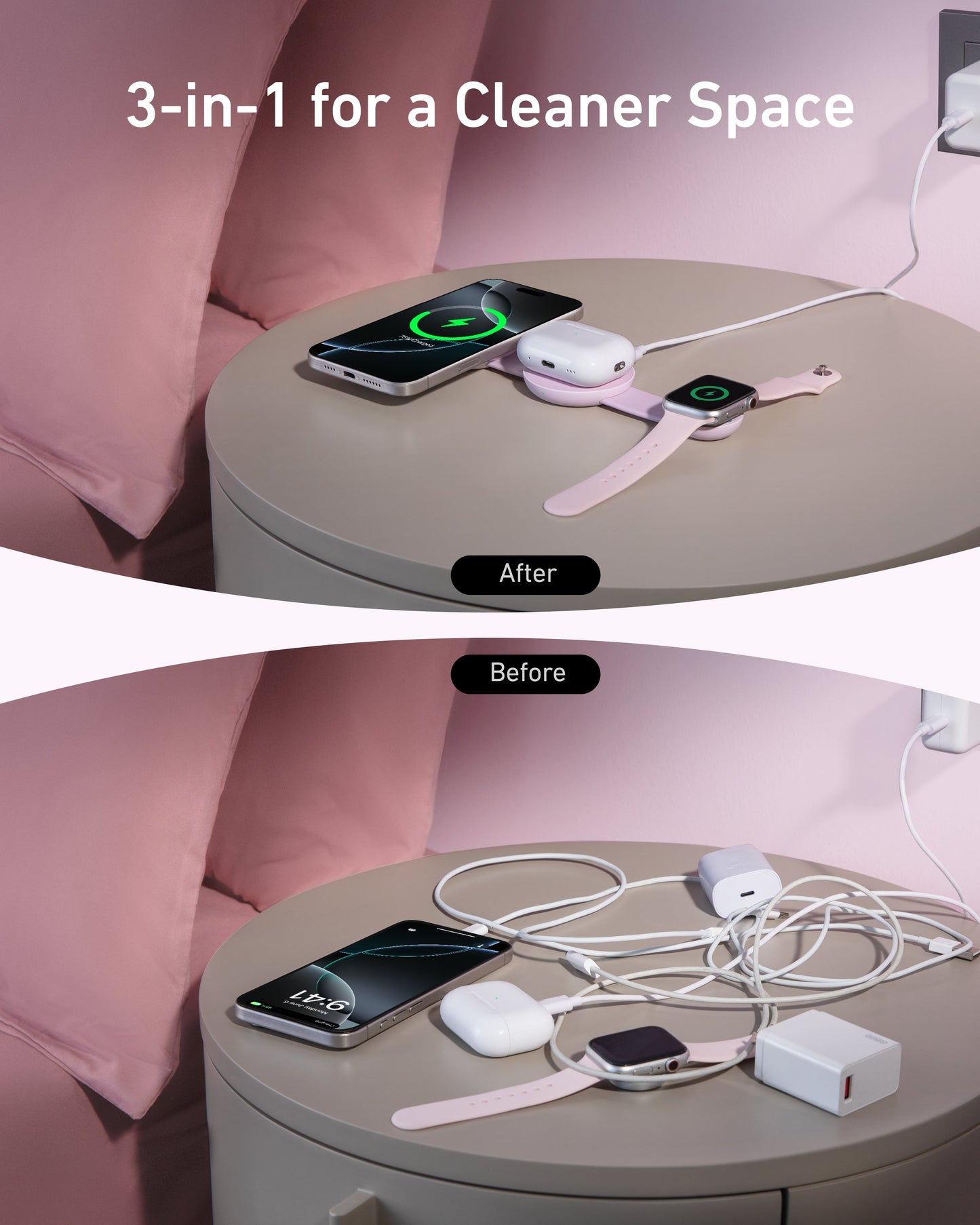Side-by-side "After" and "Before" photos show a messy nightstand transformed by the Anker MagGo Wireless Charging Station (3-in-1, Foldable Pad), neatly charging phone, watch, and earbuds with 15W fast MagSafe-compatible wireless power—no cluttered cables.