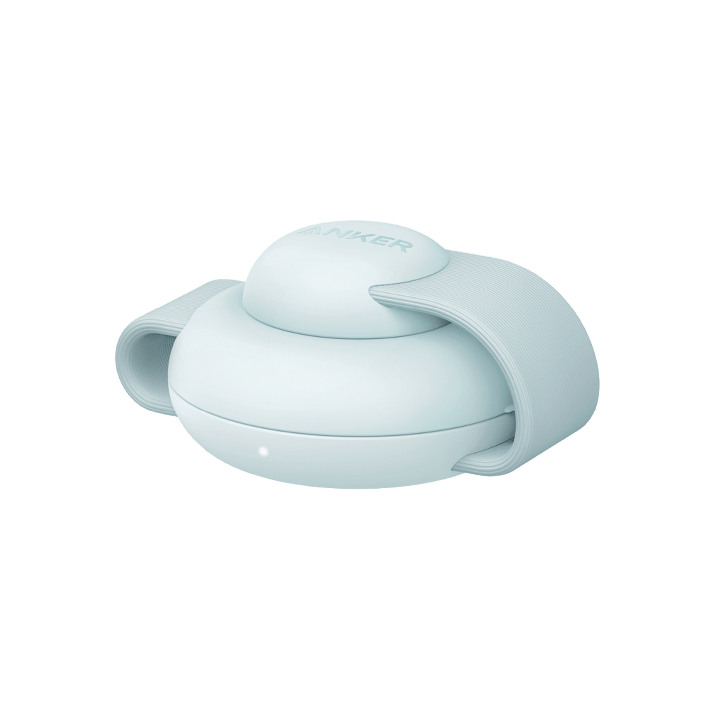 A pale blue, round Anker MagGo Wireless Charging Station (3-in-1, Foldable Pad) features a smooth finish, domed top, and flexible curved arms on each side. A small LED indicator is on the front. The device sits on a white background.