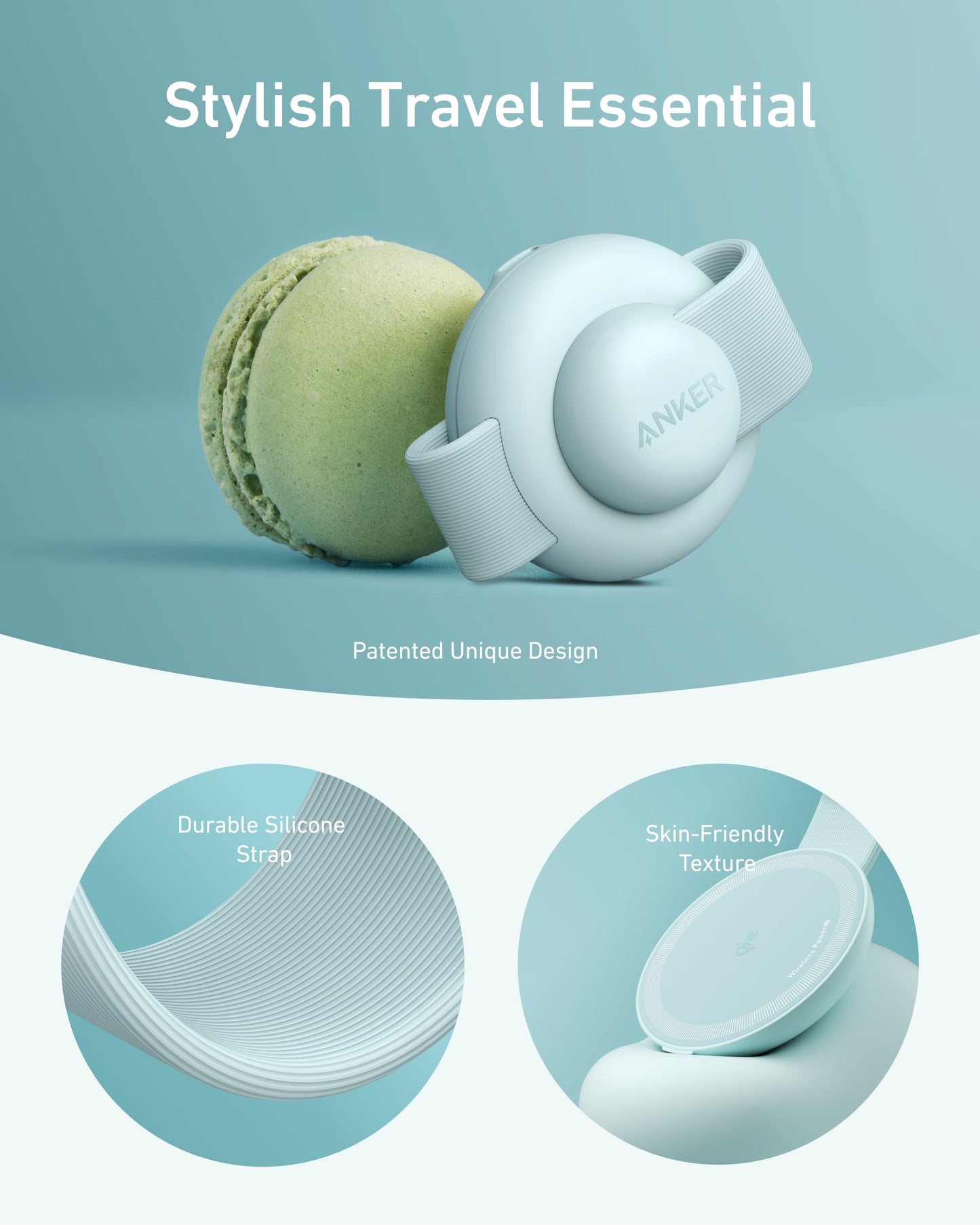 A light green macaron sits next to the Anker MagGo Wireless Charging Station (3-in-1, Foldable Pad). Close-ups show its durable, skin-friendly silicone strap. Text: “Stylish Travel Essential,” “Patented Unique Design.” Brand: Anker.
