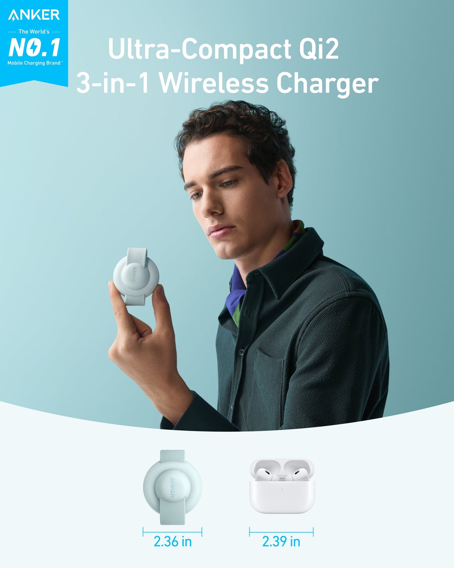A person in a teal jacket examines the Anker MagGo Wireless Charging Station (3-in-1, Foldable Pad), a white MagSafe-compatible device, against a blue background. Text highlights 15W fast charging and compact size. Anker branding is visible.