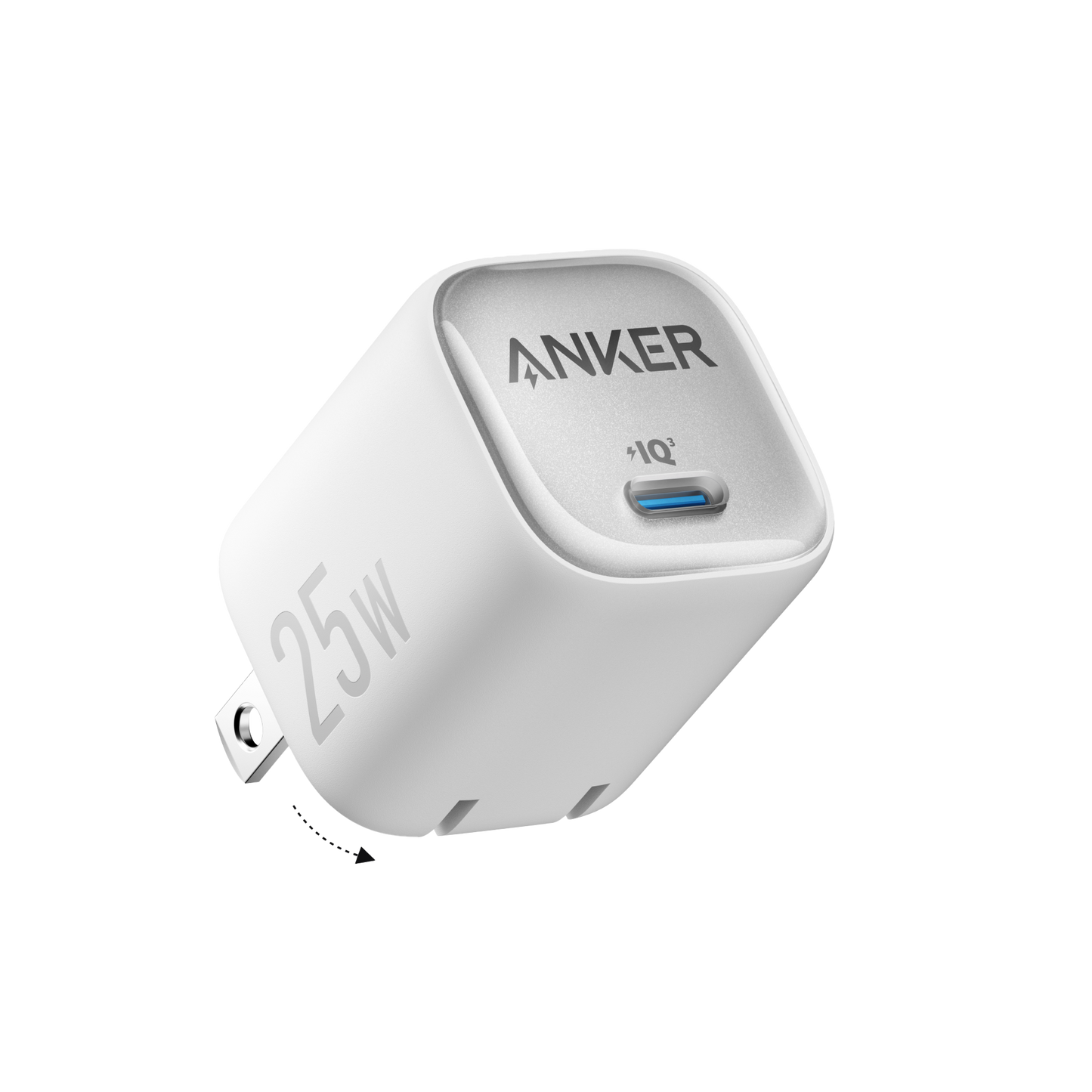 The Anker Charger (25W, Compact) is a white, minimalistic USB-C charger with foldable prongs and rounded edges—perfect for travel and Samsung fast charging. Labeled “Anker” and “IQ,” it features a single USB-C port.
