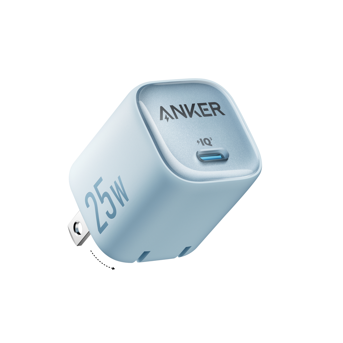 The Anker Charger (25W, Compact) by Anker is a light blue, square USB-C phone charger with one “IQ” and “25W”-labeled port, metal prongs, and a plain white background.