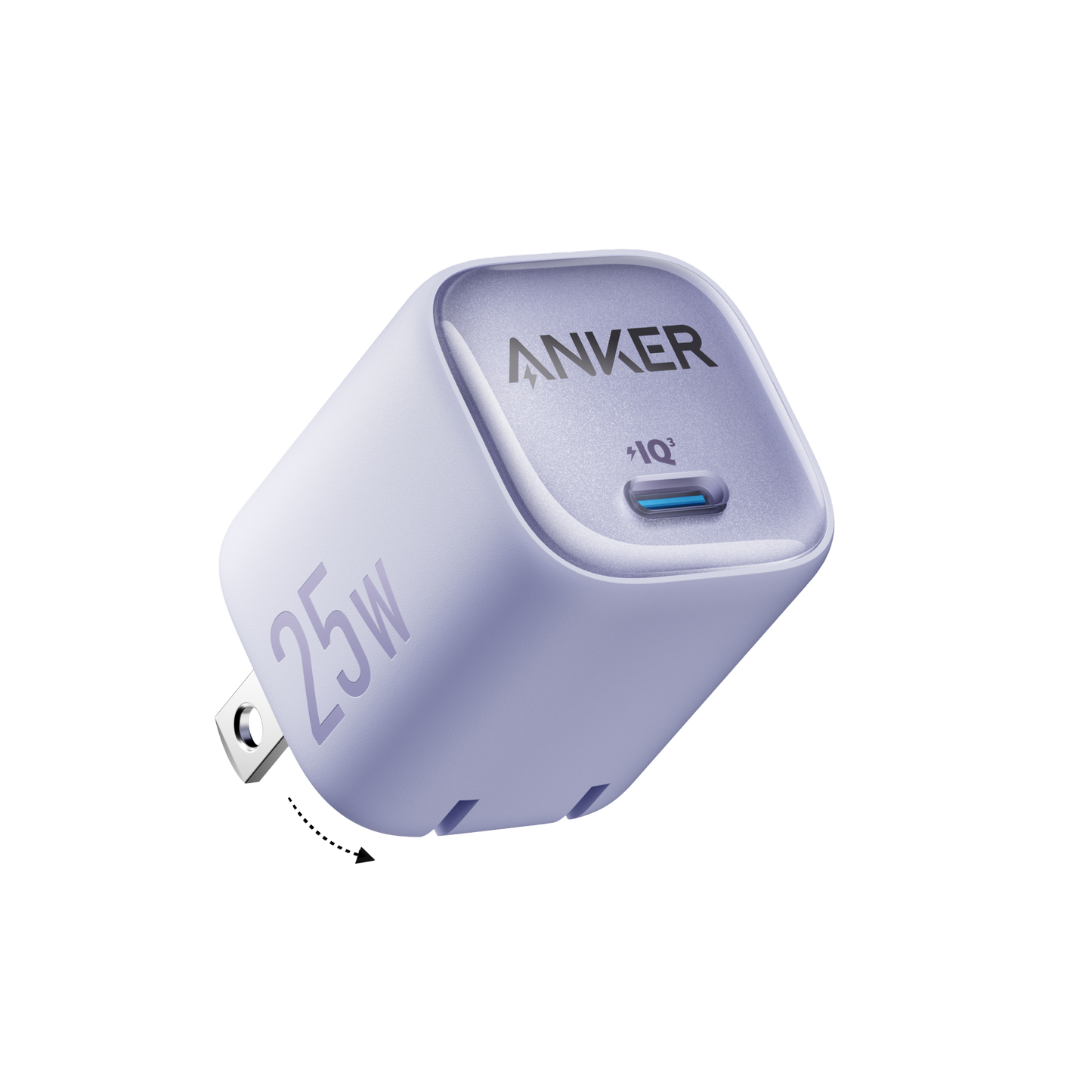 The Anker Charger (25W, Compact) in purple has foldable prongs, “Anker” branding, a “+IQ” symbol above its USB-C port, and “25W” on the side. Its minimalist design makes this compact charger ideal for travel.