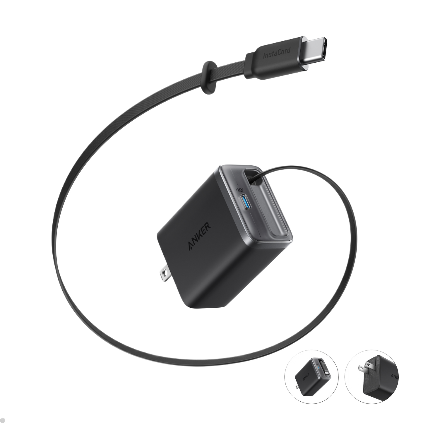 The Anker Nano Charger (35W) in black is shown with its built-in retractable USB-C cable neatly wrapped around it. Inset images provide close-up views of the charger and its plug.