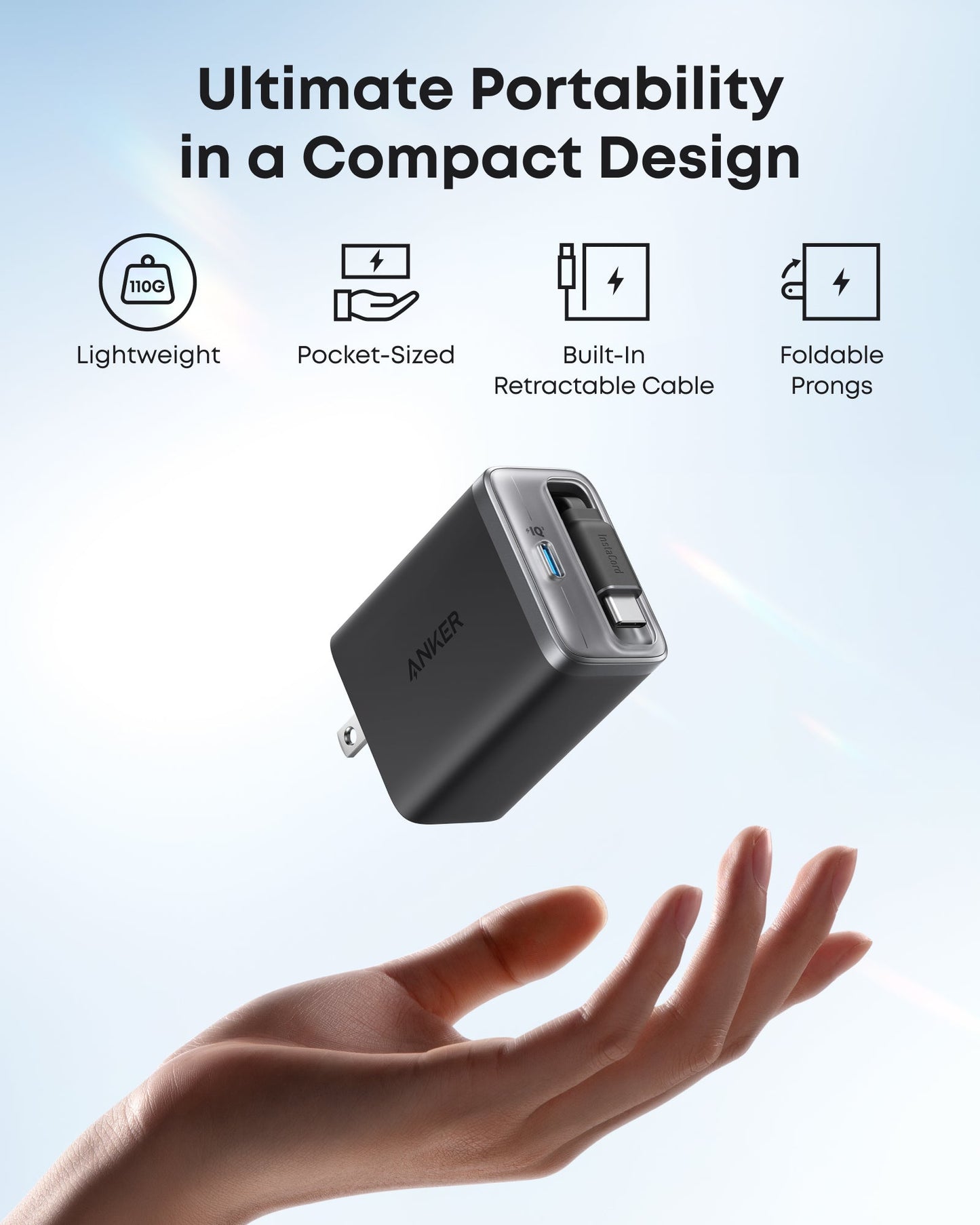 A hand catches the Anker Nano Charger (35W, Built-In Retractable USB-C Cable) with foldable prongs. Above, icons and text emphasize Anker’s ultimate portability: compact, pocket-sized, lightweight, with retractable cable and prongs.