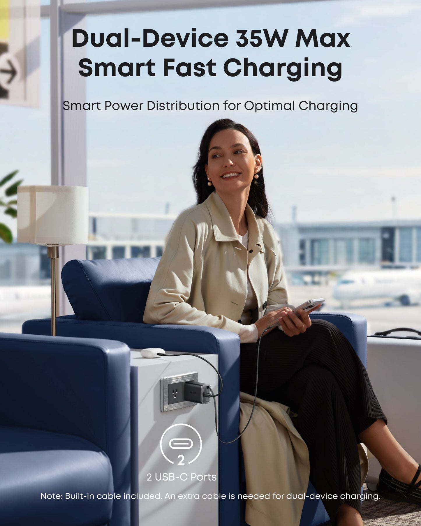 A woman smiles in an airport lounge, using her phone with the Anker Nano Charger (35W, Built-In Retractable USB-C Cable) on a side table. Text above: Dual-Device 35W Max Smart Fast Charging. Sunlight pours through large windows behind her.