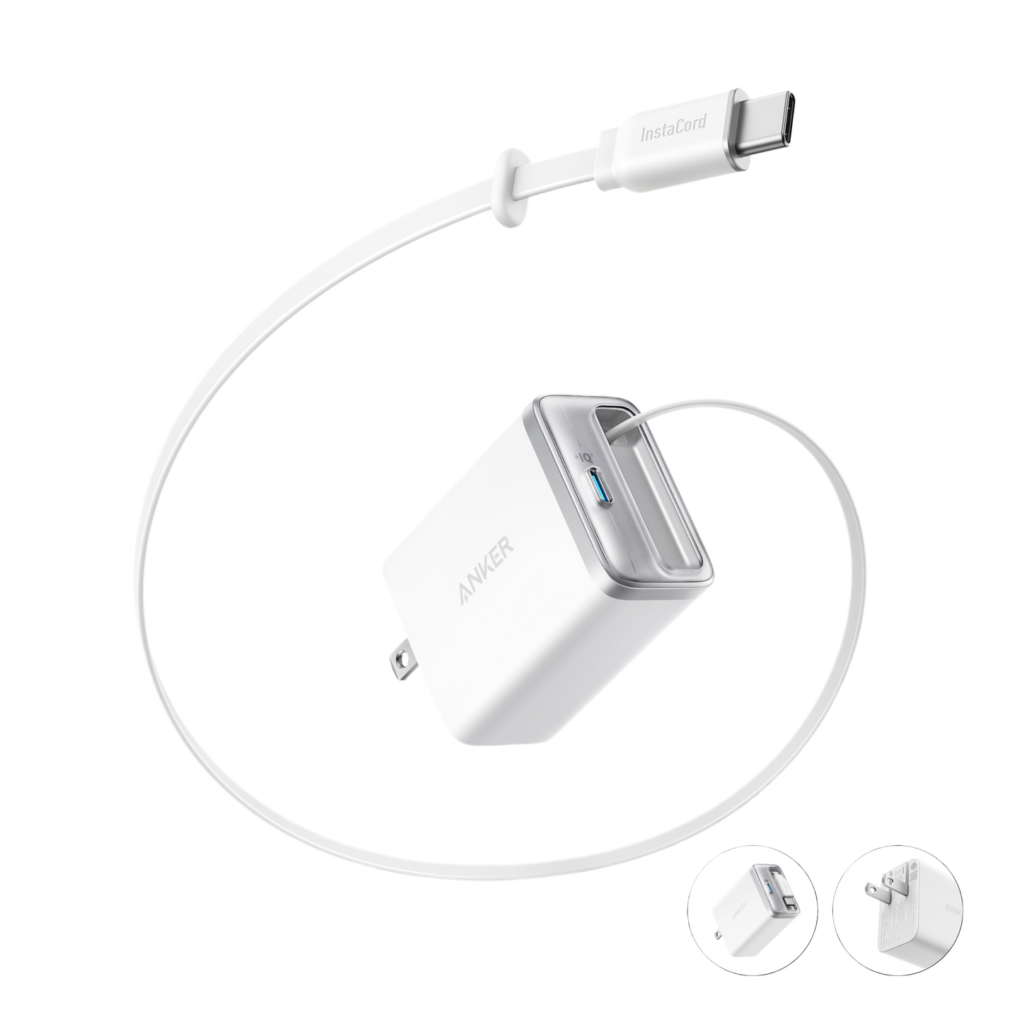 An affordable Anker Nano Charger (35W) with a built-in retractable USB-C cable is shown, accompanied by two circular insets highlighting the USB-C port and plug prongs, all against a plain white background.