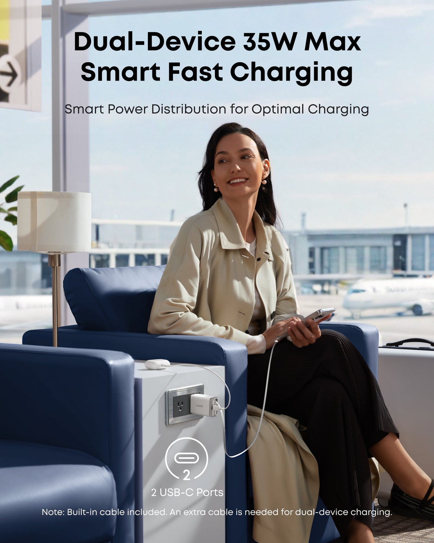 A woman charges her phone at an airport with the compact Anker Nano Charger (35W, Built-In Retractable USB-C Cable). Text above reads Dual-Device 35W Max Smart Fast Charging, showing optimal power from both ports.