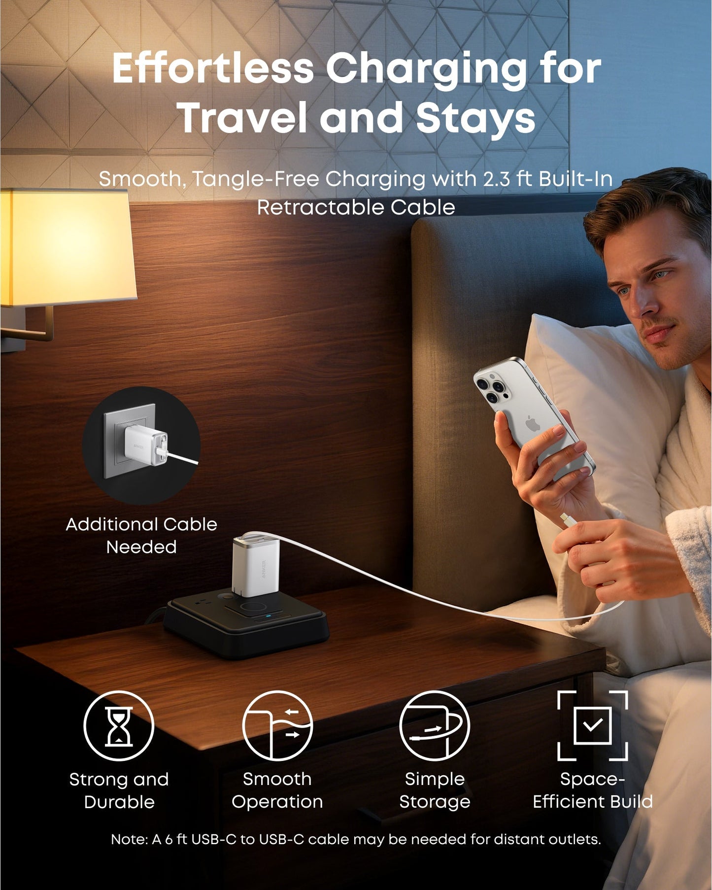 A man uses the Anker Nano Charger (35W, Built-In Retractable USB-C Cable) from Anker on a hotel nightstand—its strong retractable cable, smooth operation, and compact design make charging from distant outlets easy and pocket-friendly.
