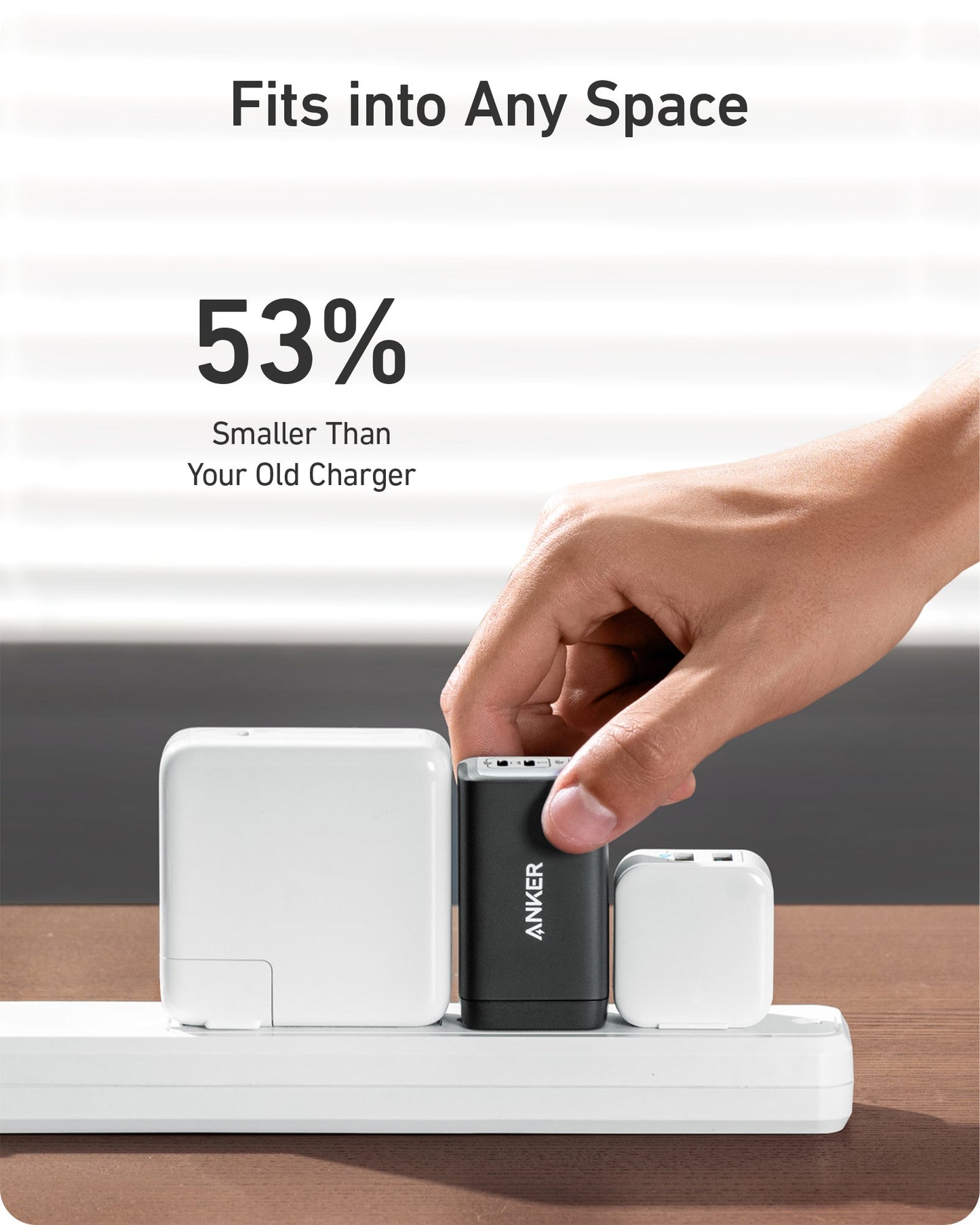 A hand sets the compact black Anker 735 Charger (Nano II 65W, 2-Pack) on a power strip between two larger white chargers. Text reads: Fits into Any Space, 53% Smaller Than Your Old Charger. Blinds and soft sunlight in background.
