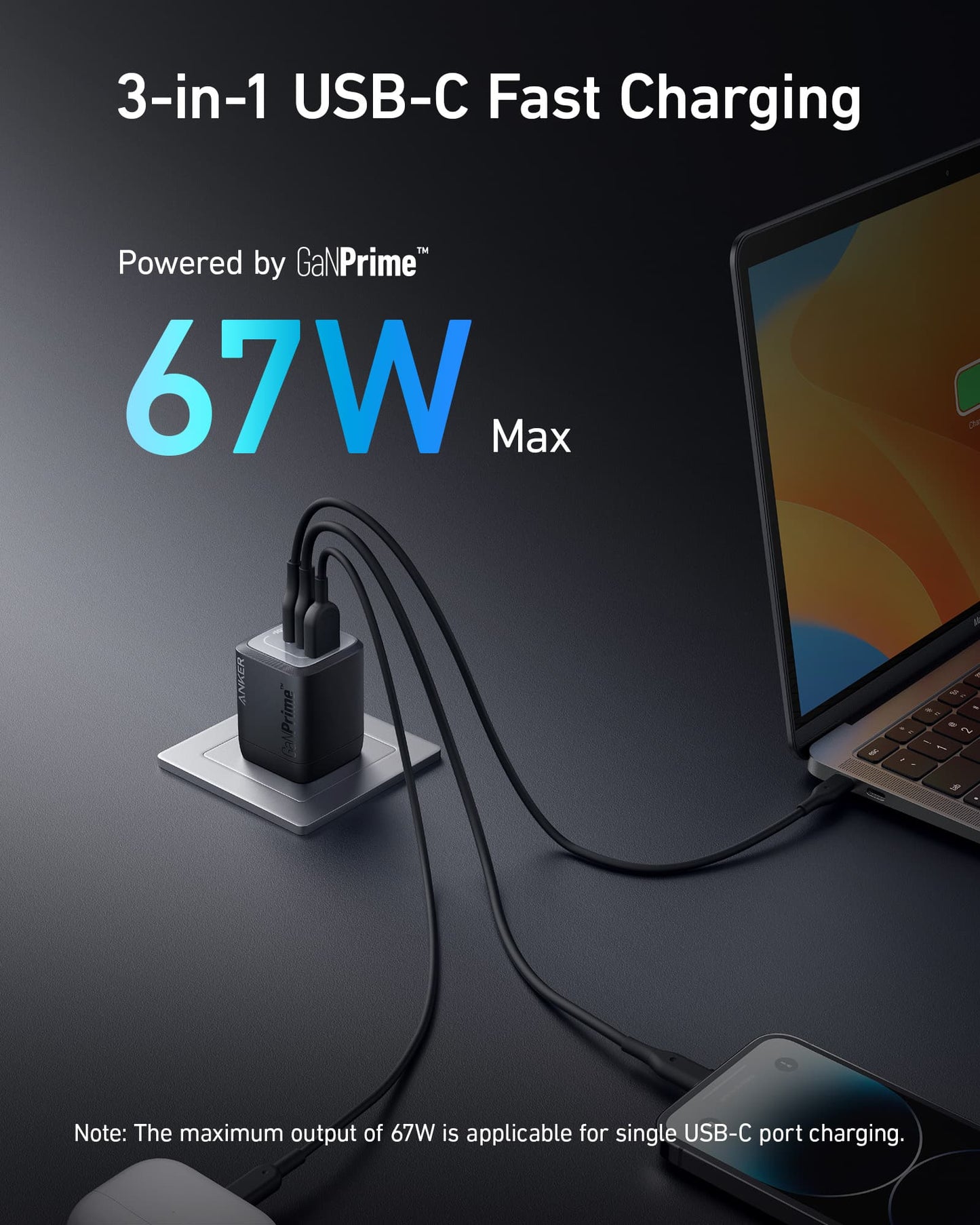 Anker Prime 67W GaN Wall Charger (3 Ports) from Anker charges your smartphone, laptop, and tablet via a wall outlet. 67W Max powered by GaNPrime; note: 67W is maximum output for a single USB-C port.
