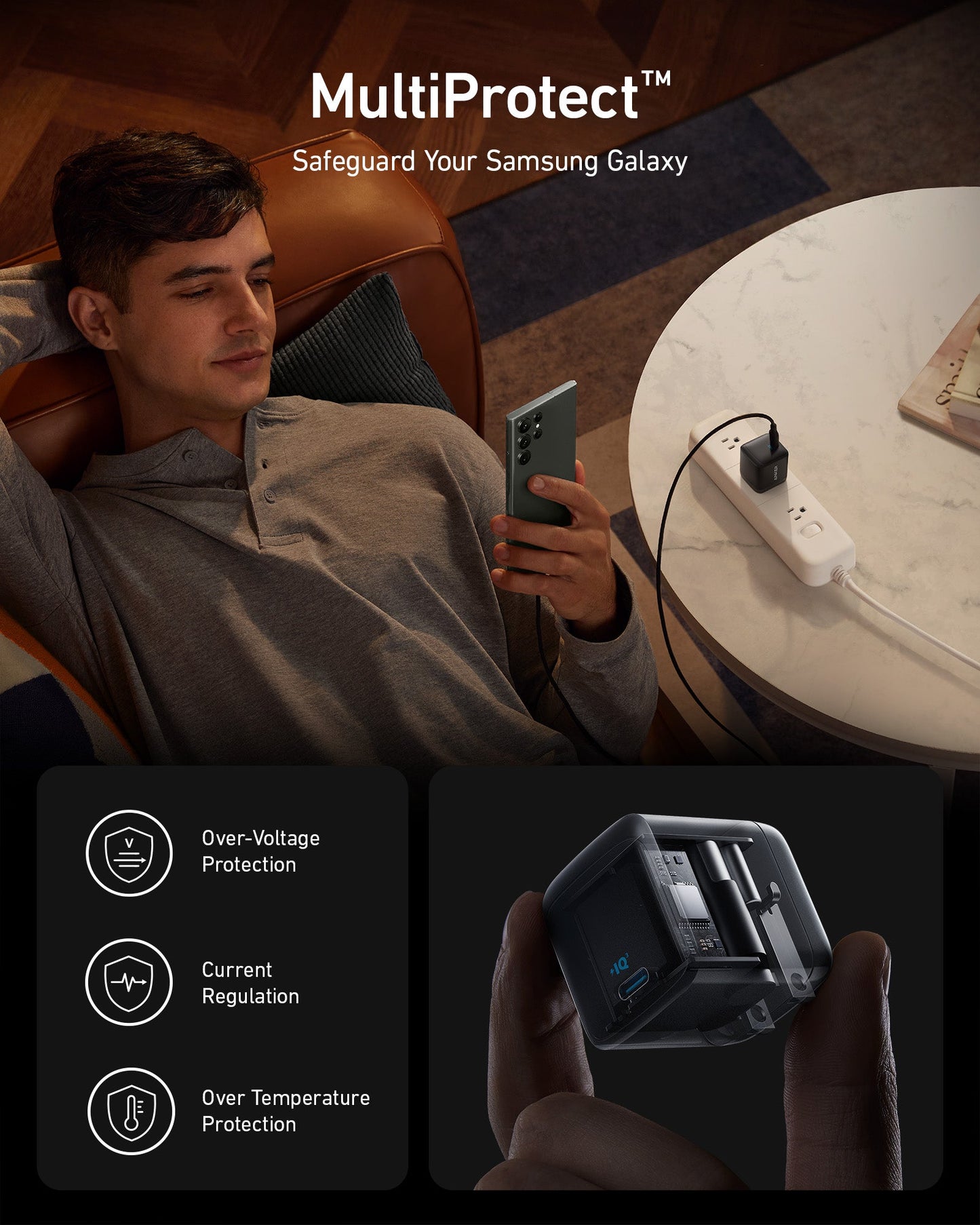 A young man relaxes on a couch holding his phone connected to an Anker 313 Charger (Ace, 45W) plugged into a power strip. Graphics below display MultiProtect: over-voltage protection, current regulation, and over-temperature protection.