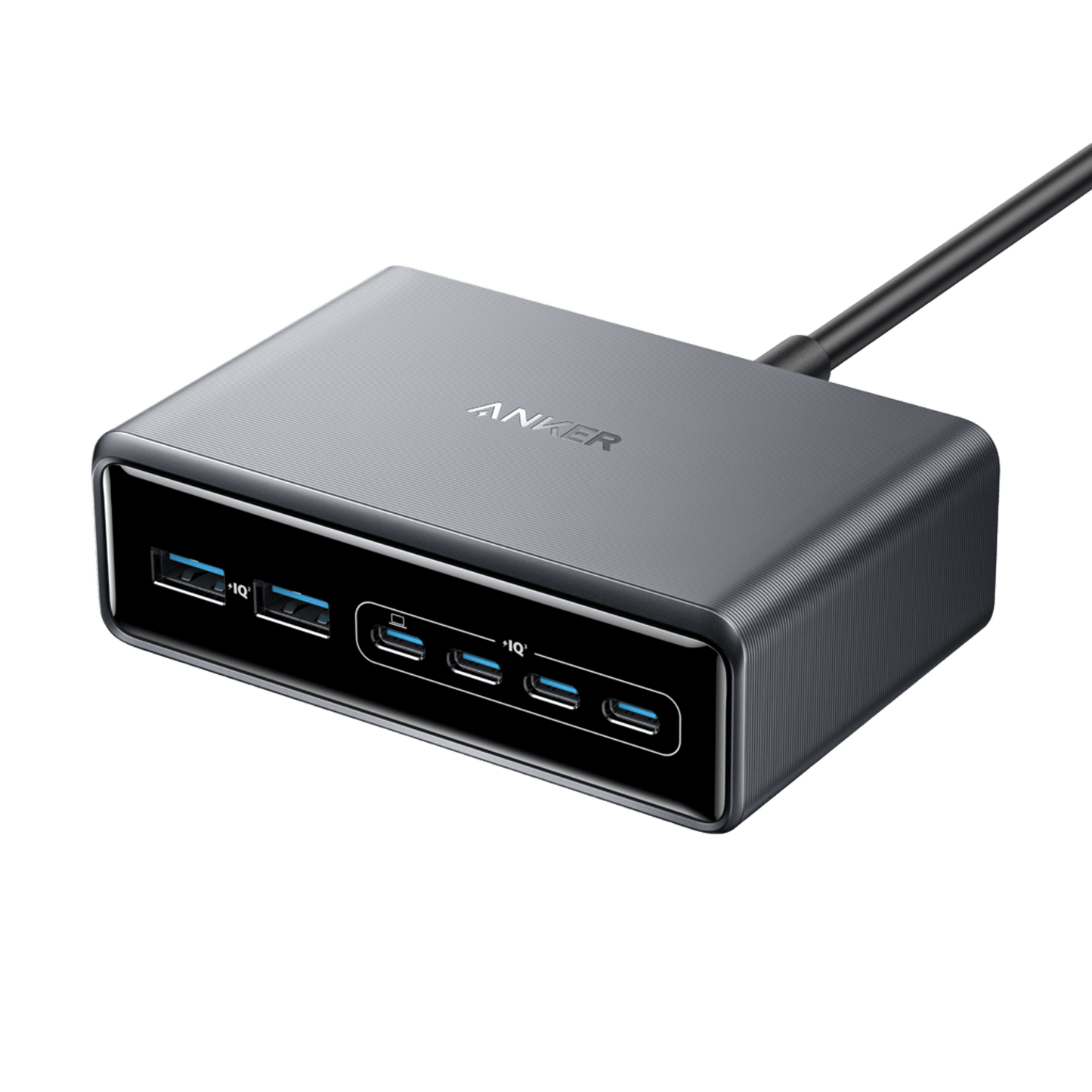 The Anker Prime Charger (200W, 6 Ports, GaN) features a sleek metallic gray design with the Anker logo on top. Its front panel offers two USB-A and four USB-C ports, allowing you to charge up to six devices simultaneously.