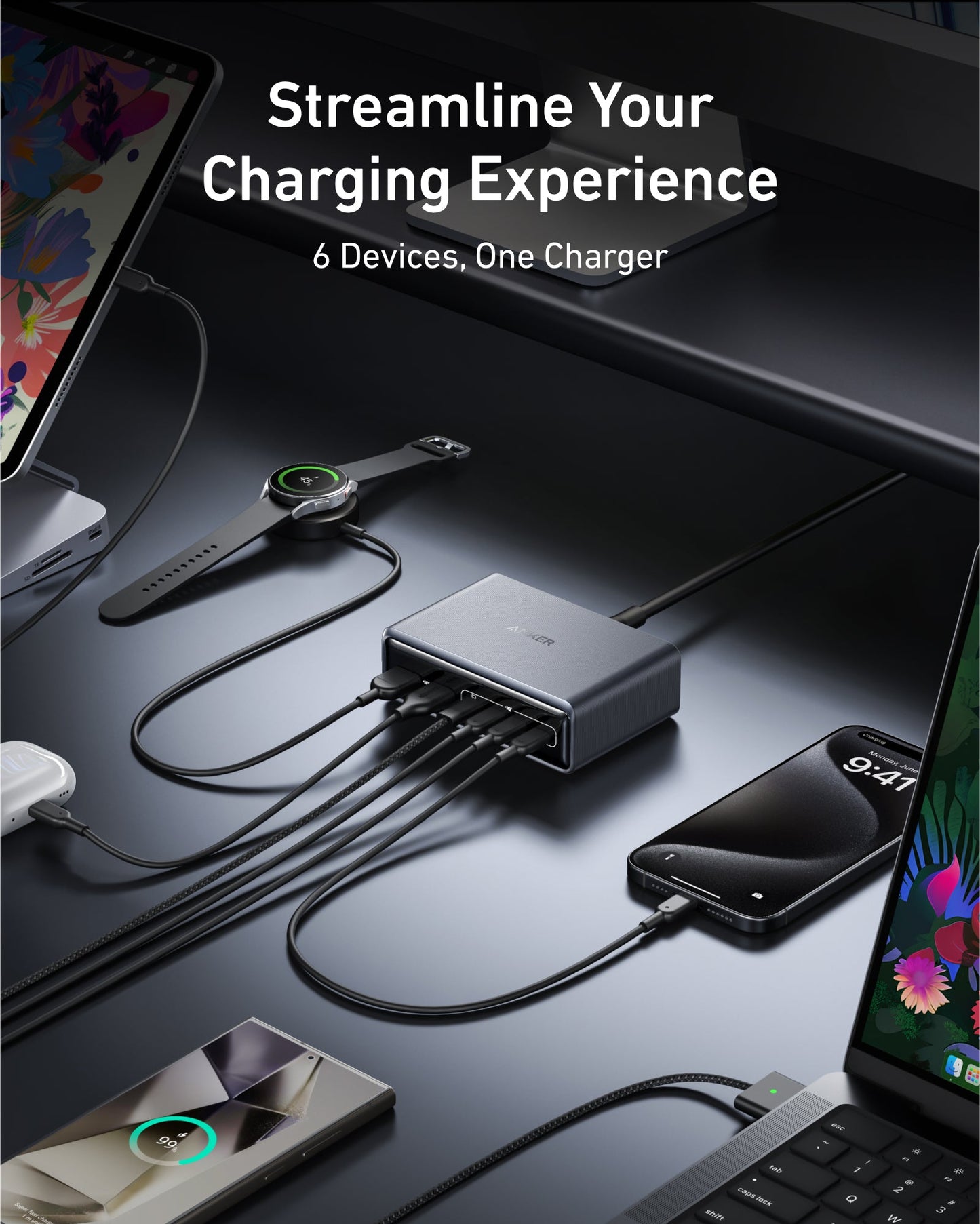 A 200W Anker Prime Charger with 6 ports charges a smartphone, smartwatch, tablet, and laptop on a desk. White text reads: “Streamline Your Charging—Power Up to 6 Devices with the Anker Prime Charger (200W, GaN).”.