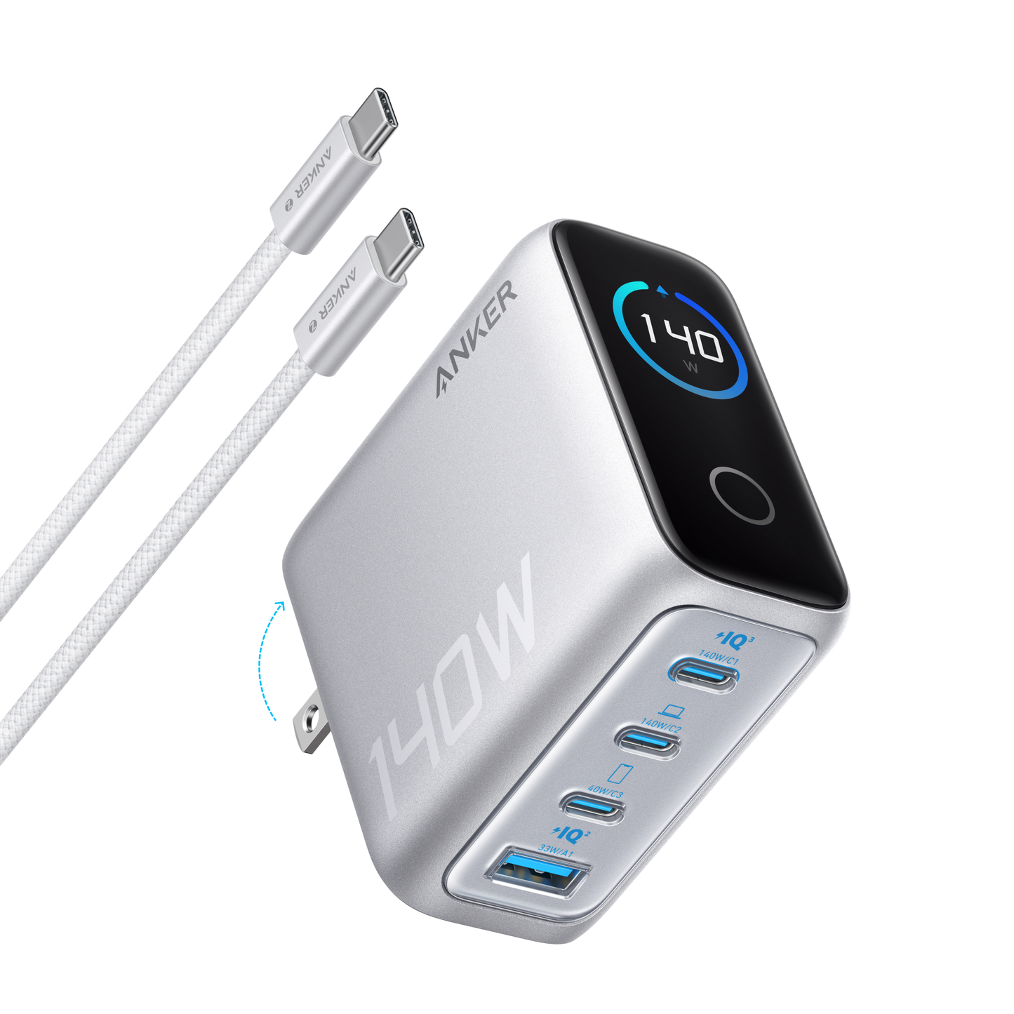 The silver Anker Charger (140W, 4-Port, PD 3.1) with GaN technology features three USB-C ports, one USB-A port, an LED display showing “140W,” and comes with two white braided USB-C cables. All items are set against a white background.