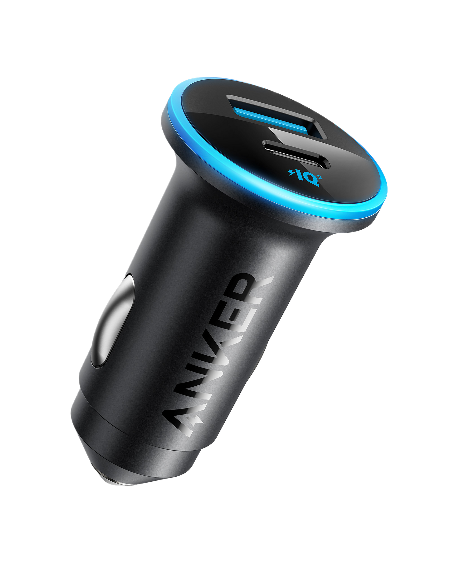 The Anker 323 Car Charger (52.5 W) is a black, cylindrical metallic charger with a blue LED ring, featuring fast charging via one USB-A and one IQ-labeled USB-C port. The Anker logo is displayed on the side against a white background.
