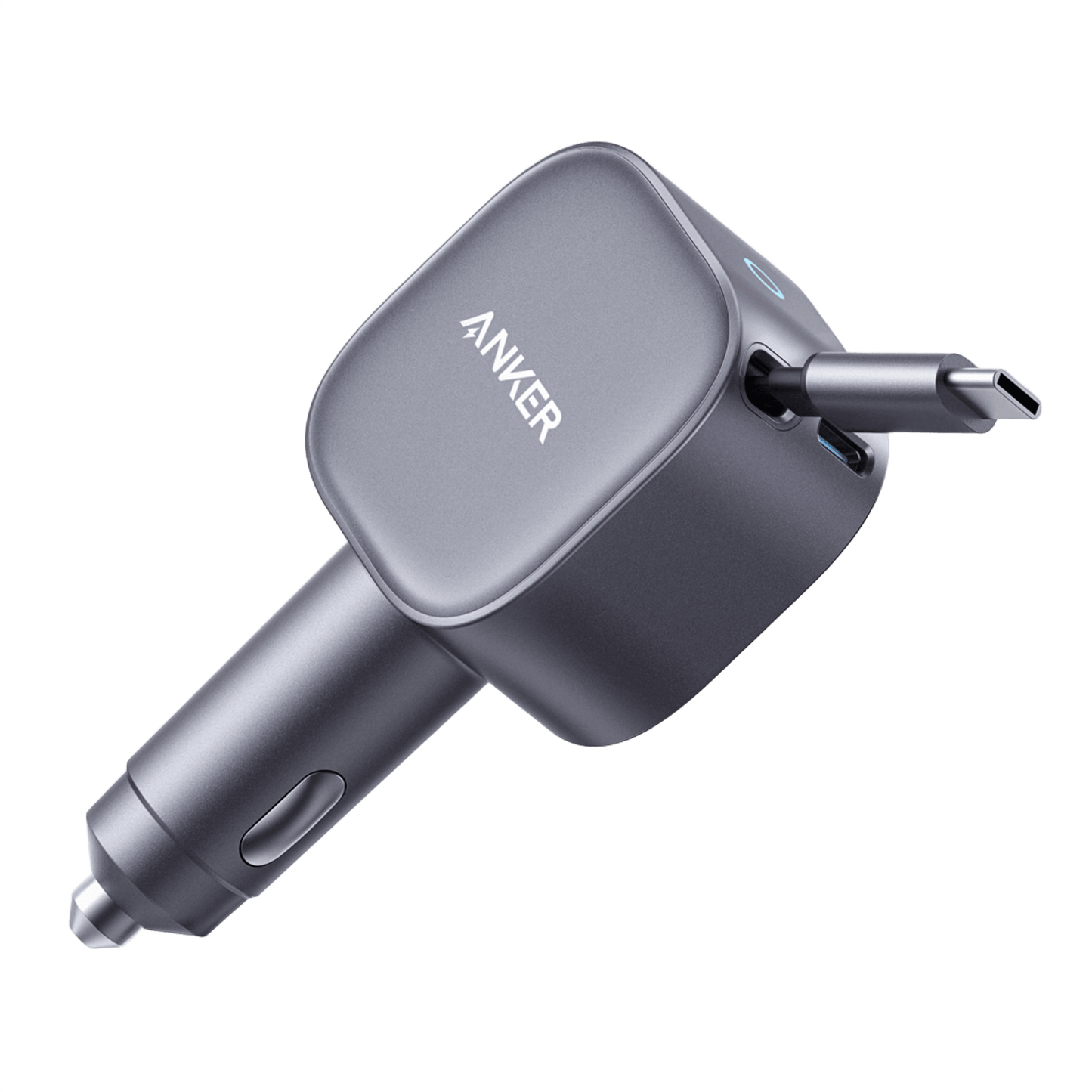 The Anker Nano 75W Car Charger by Anker features a compact, square metallic design, plugs into your car’s power outlet, and includes two built-in charging cables—one being a retractable USB-C cable for fast charging.