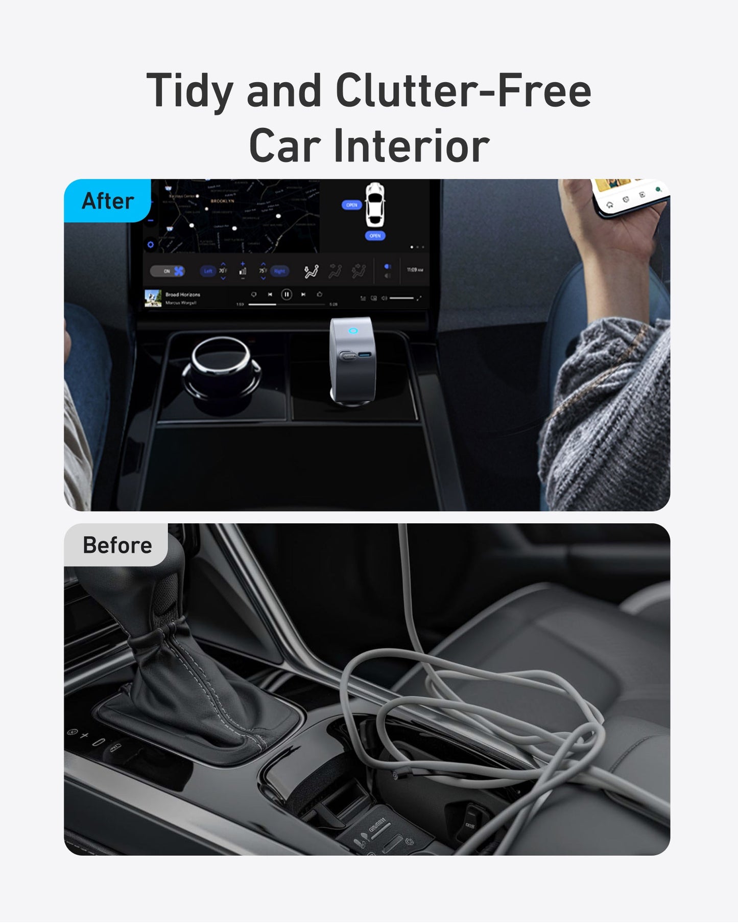 A split image labeled Before and After shows a car interior. Before: tangled charging cables below the gear shift. After: a neat console with the Anker Nano 75W Car Charger by Anker and no visible cables.
