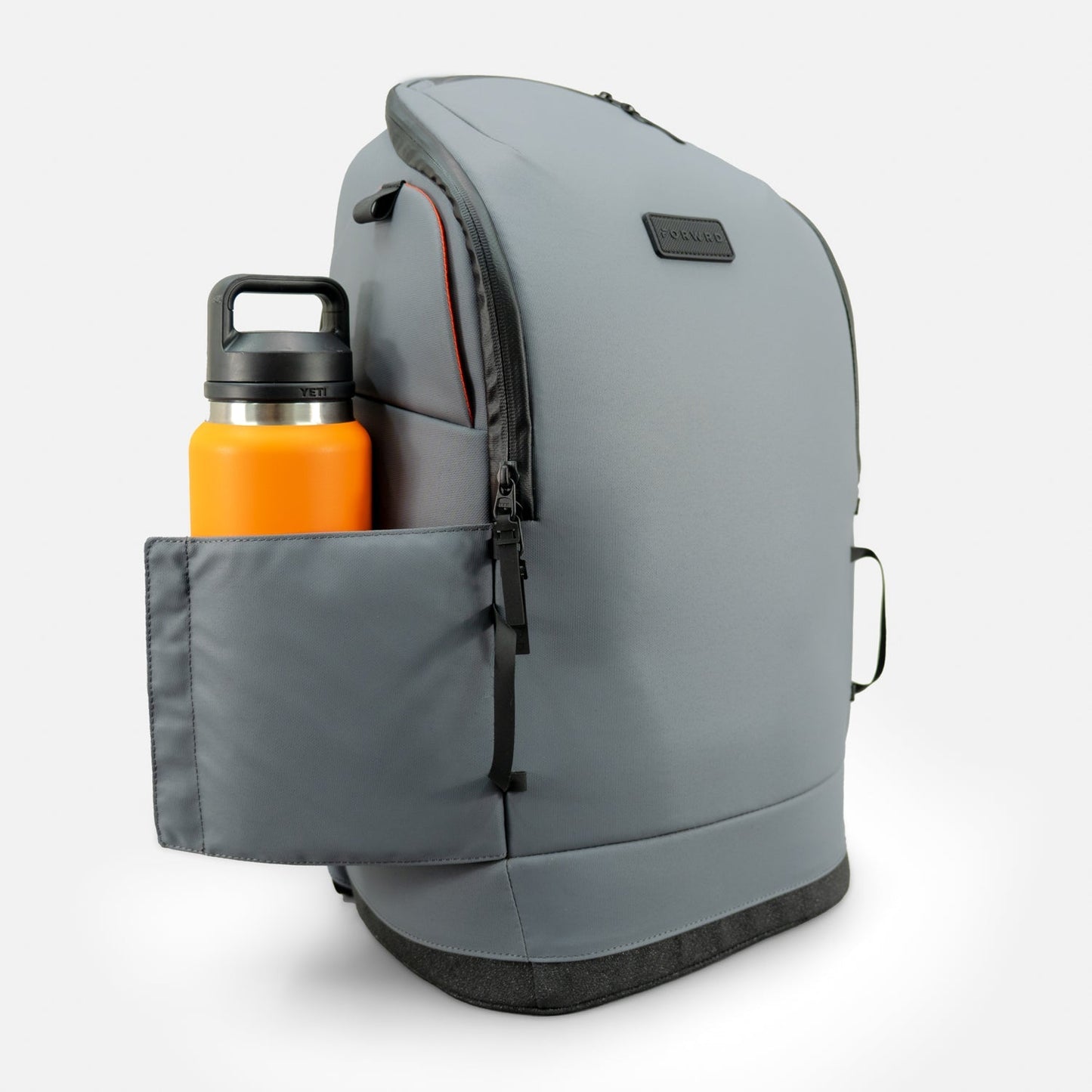 The FORWRD Court Caddy Pickleball Bag in light gray features premium materials, a front zipper, black base, side pocket with a yellow-orange water bottle, and a subtle black logo patch on top—all set against a plain white background.