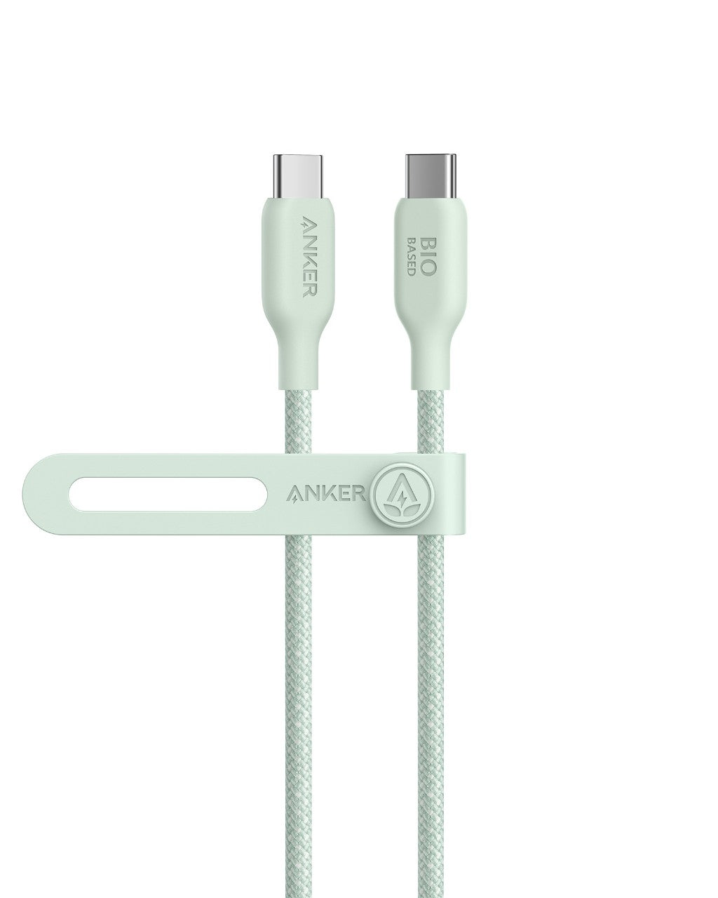 The Anker 543 USB-C to USB-C Cable (Bio-Braided, 6 ft) features fast charging, a light green bio-based nylon braid, a matching strap with the Anker logo, and ANKER plus BIO BASED text on each connector.