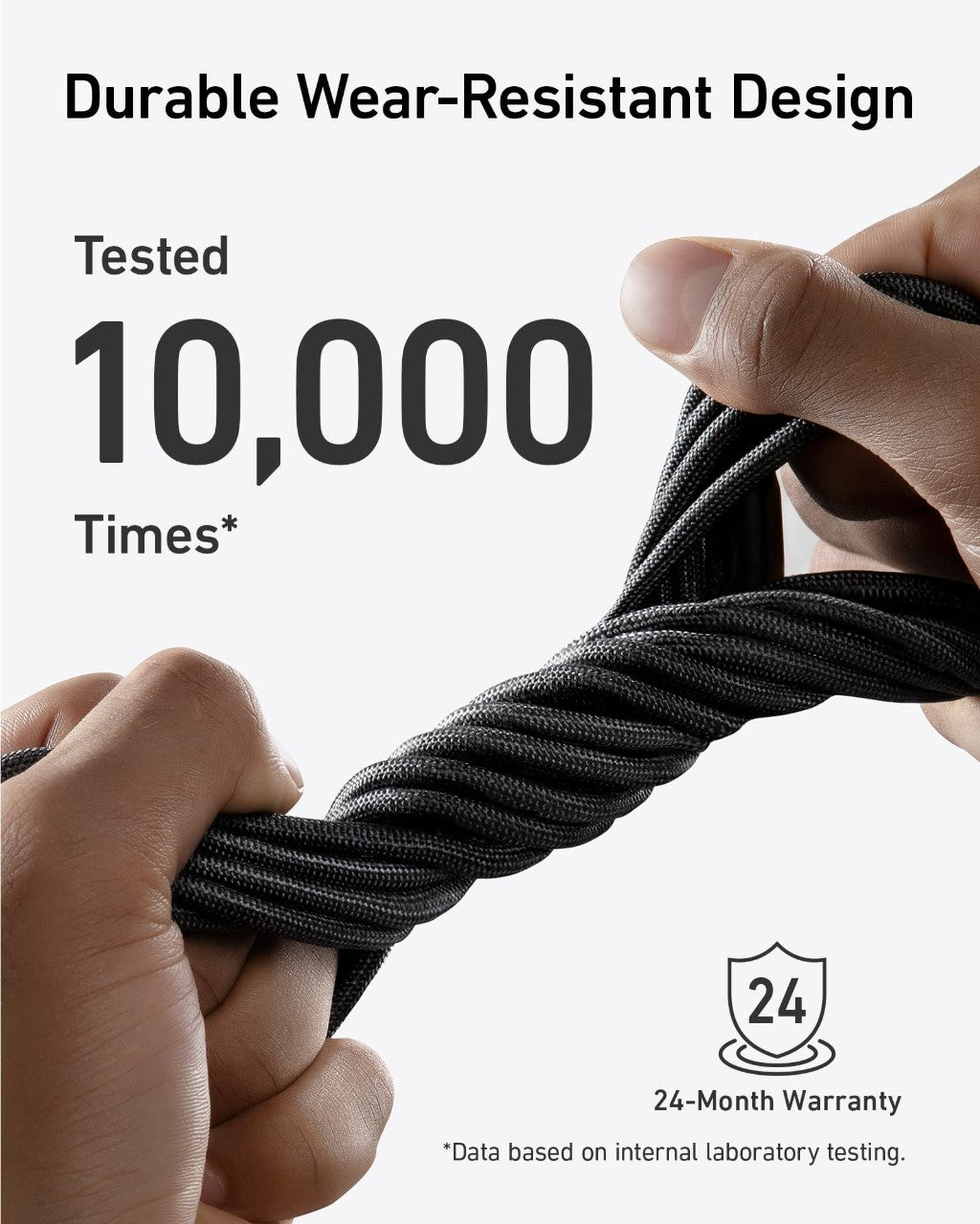 Close-up of two hands pulling the Anker 543 USB-C to USB-C Cable (Bio-Braided, 6 ft). Large text: "Tested 10,000 Times." Above: "Durable Bio-Based Nylon Design." Bottom icon notes Anker’s 24-month warranty.