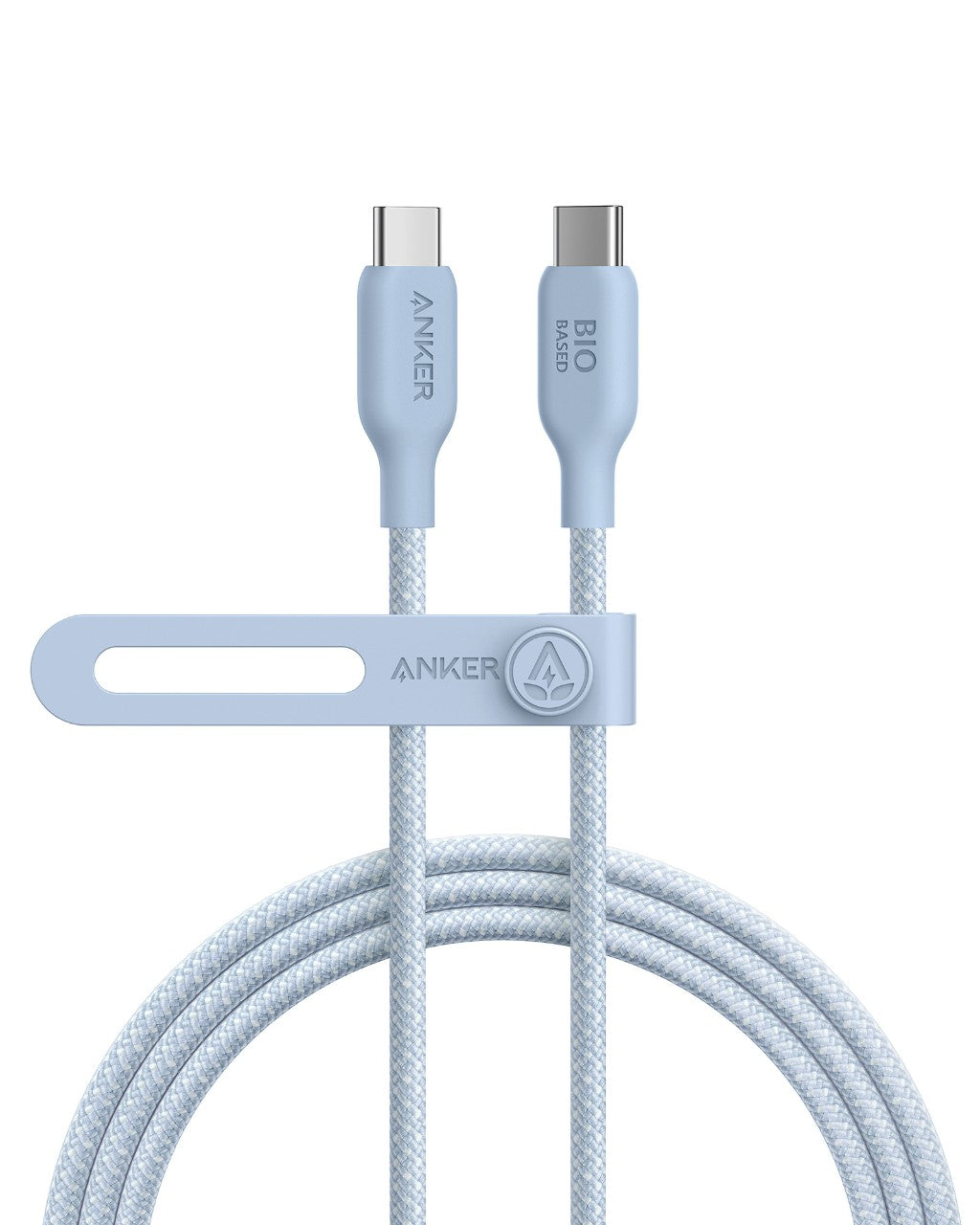 The Anker 543 USB-C to USB-C Cable (Bio-Braided, 6 ft) features a coiled light blue bio-based nylon design, fast charging, "ANKER" and "BIO BASED" on the connectors, and a matching blue strap with the Anker logo for easy organization.