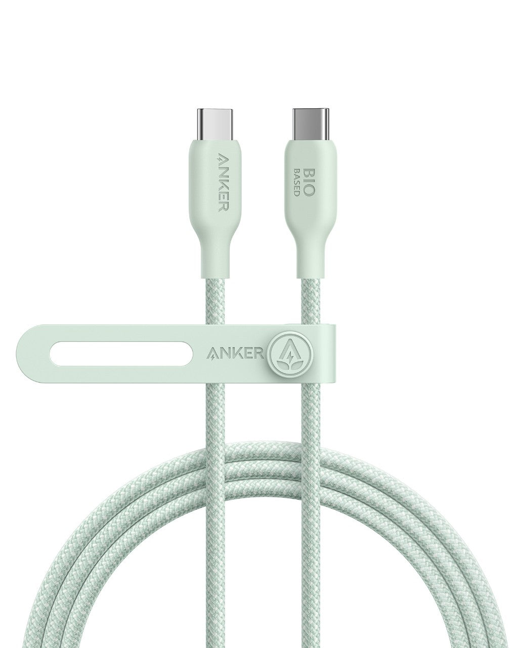 The Anker 543 USB-C to USB-C Cable (Bio-Braided, 6 ft) is a pale green, bio-based nylon cable with “ANKER” and “BIO BASED” on each connector. It’s fast charging, neatly coiled, and secured with a matching green Anker-logo strap.
