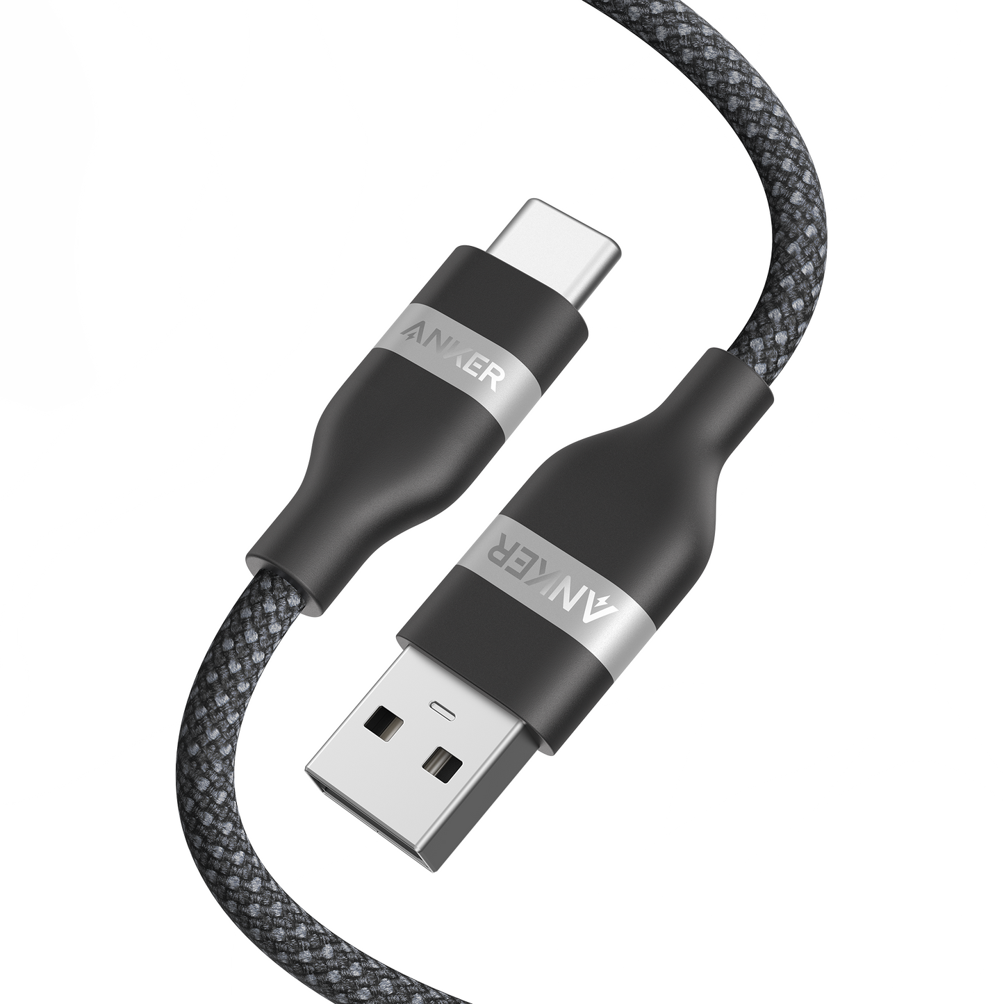 A close-up of the Anker USB-A to USB-C Cable (3 ft/6 ft, Upcycled-Braided) highlights its tangle-resistant braided design. Both connectors display “ANKER” in silver on black with metallic accents against a plain white background.