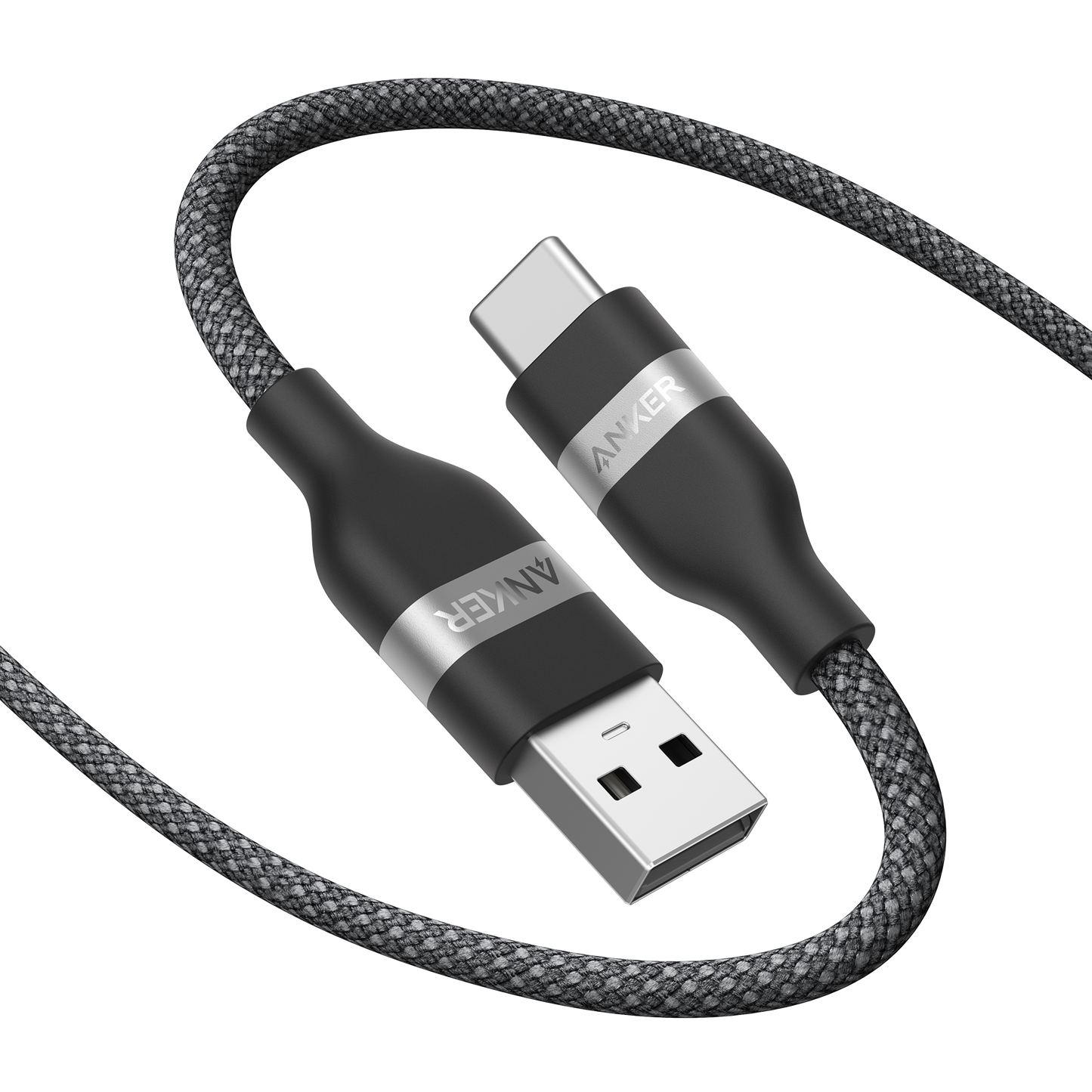 The Anker USB-A to USB-C Cable (3 ft/6 ft, Upcycled-Braided) features a tangle-resistant design and reinforced ANKER-labeled metallic connectors, shown against a plain white background.