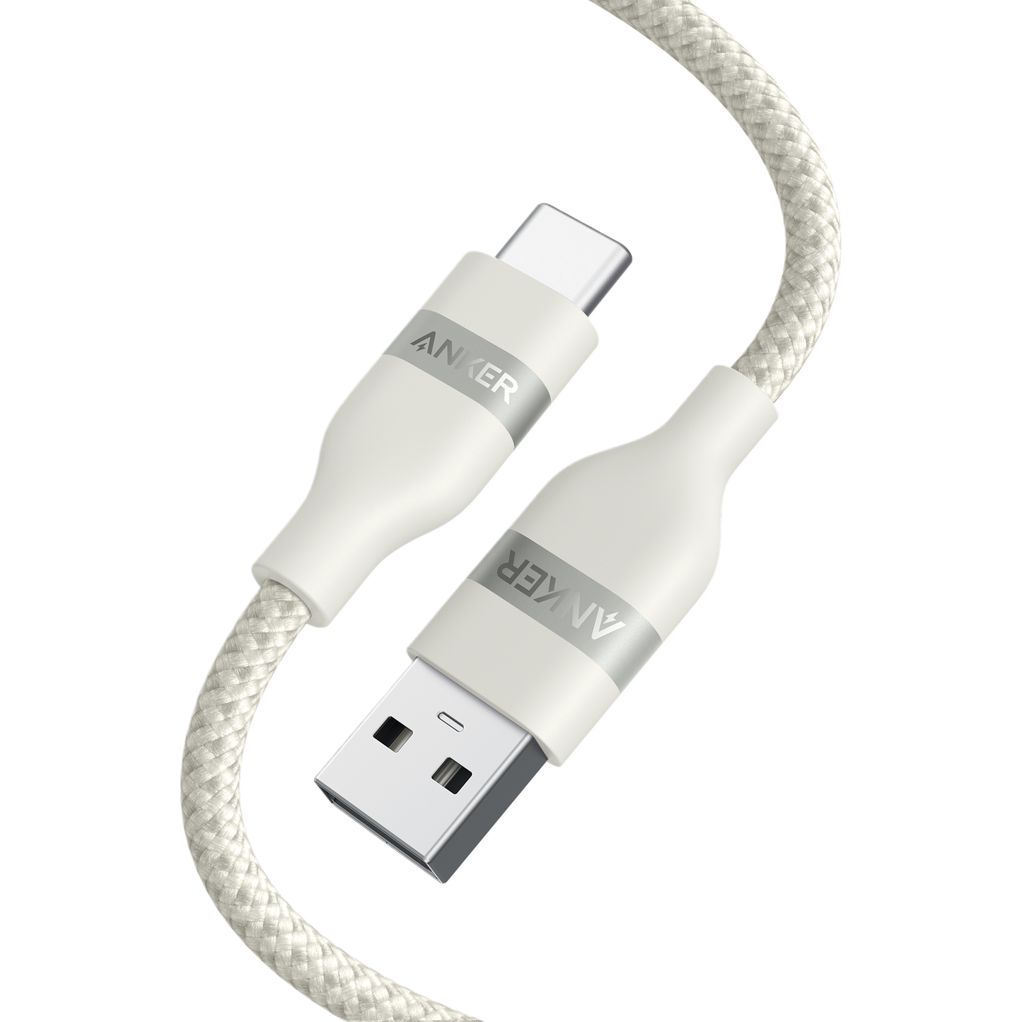 The Anker USB-A to USB-C Cable (3 ft/6 ft, Upcycled-Braided) features a tangle-resistant white braided design, silver-banded connectors with Anker branding, and is shown against a plain white background.