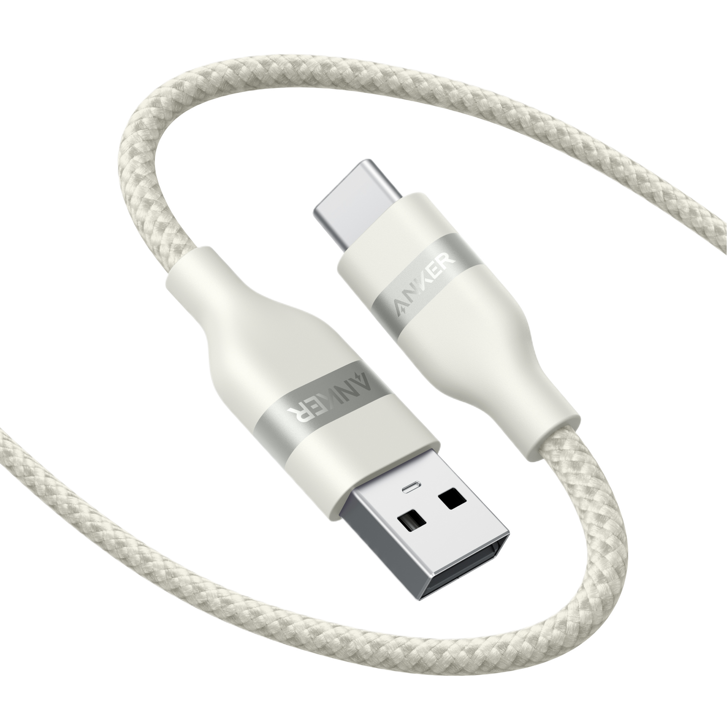 The Anker USB-A to USB-C Cable (3 ft/6 ft, Upcycled-Braided) features a white, tangle-resistant braided design with silver accents and visible Anker branding, shown loosely coiled on a white background.