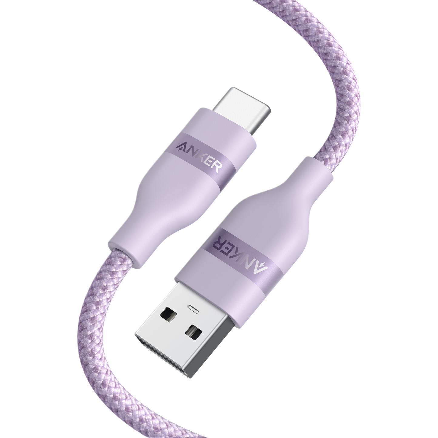 The Anker USB-A to USB-C Cable (3 ft/6 ft, Upcycled-Braided) has a lavender, tangle-resistant-braided exterior. Both metallic connectors feature the Anker brand and the cable is shown coiled neatly on a plain white background.