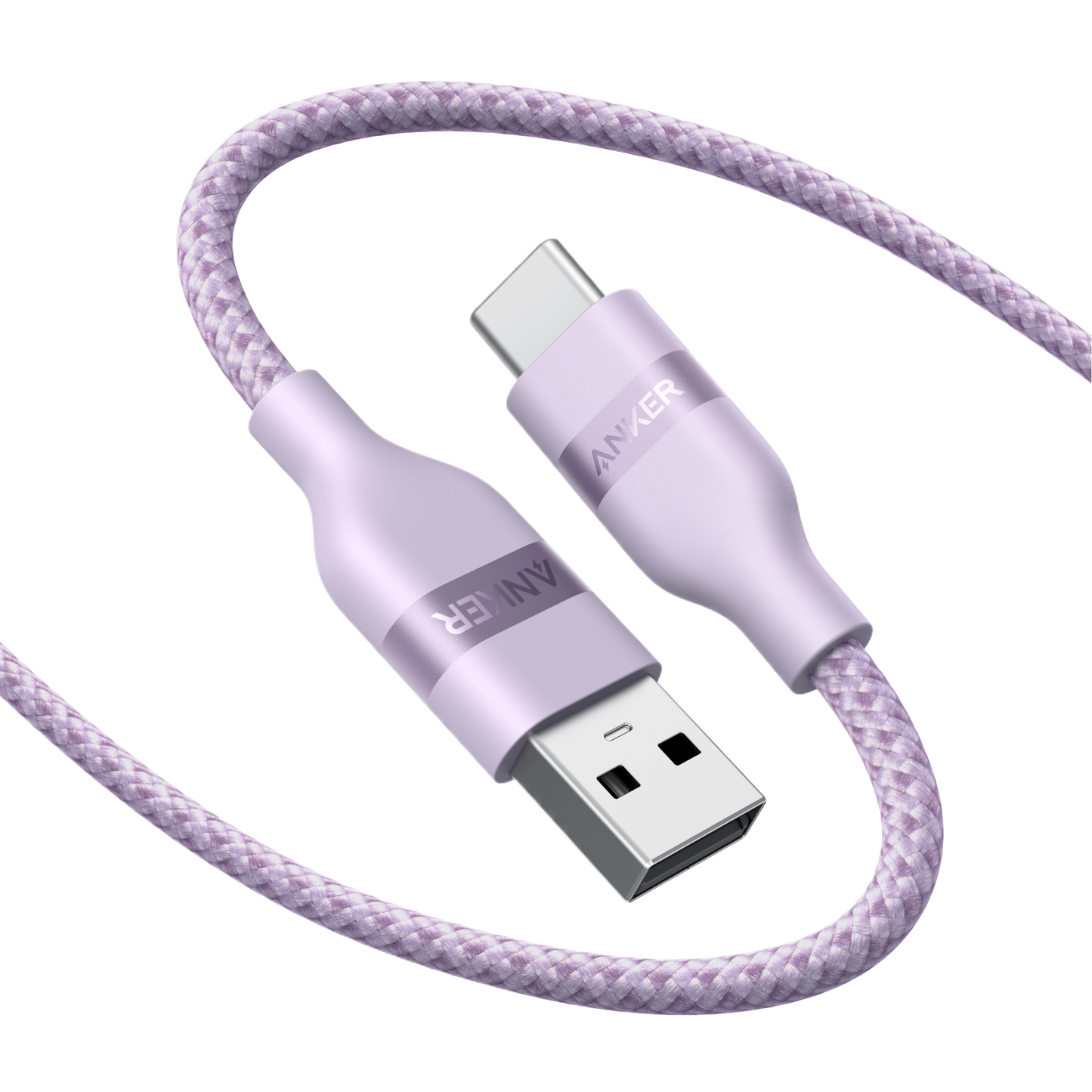 The Anker USB-A to USB-C Cable (3 ft/6 ft, Upcycled-Braided) features a lavender braided design, metallic purple connectors with the Anker logo, and a tangle-resistant build, shown looped on a plain light background.